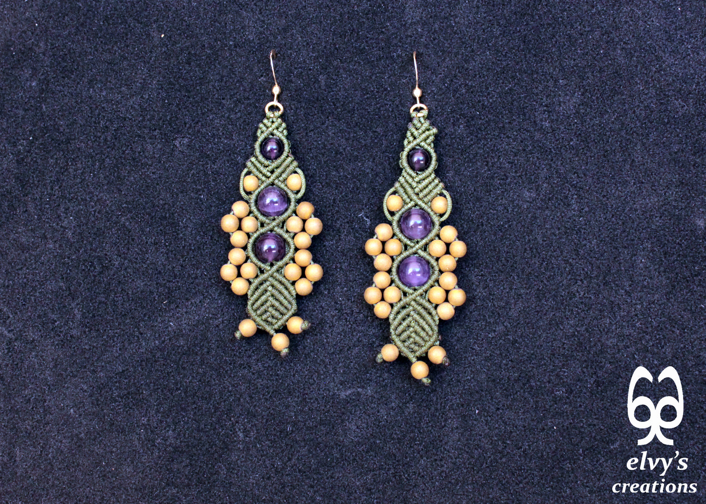 Olive Green Macrame Beaded Earrings Purple Amethyst Gold Hematite Macrame Natural Beaded Boho Earrings for Women