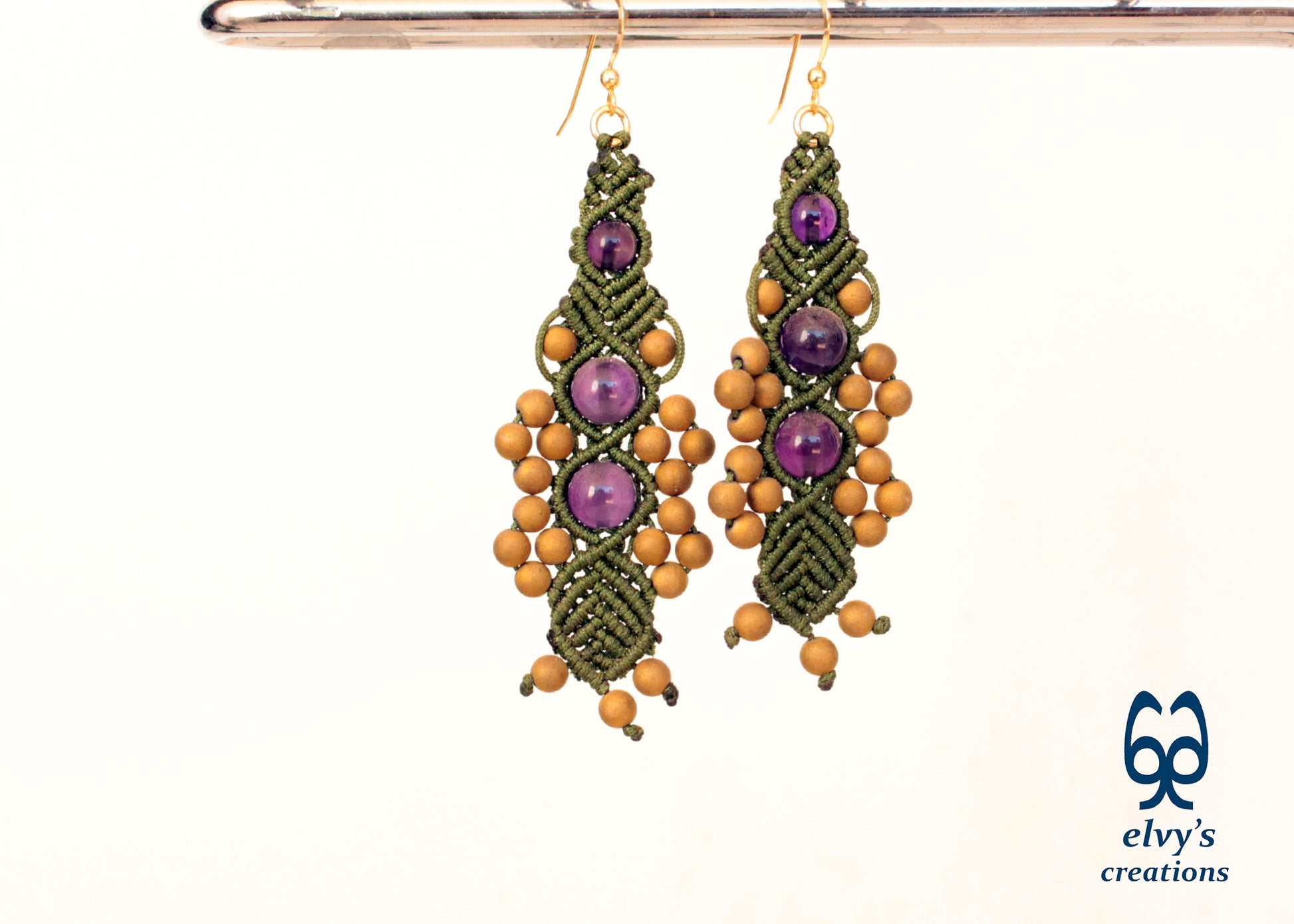 Olive Green Macrame Beaded Earrings Purple Amethyst Gold Hematite Macrame Natural Beaded Boho Earrings for Women