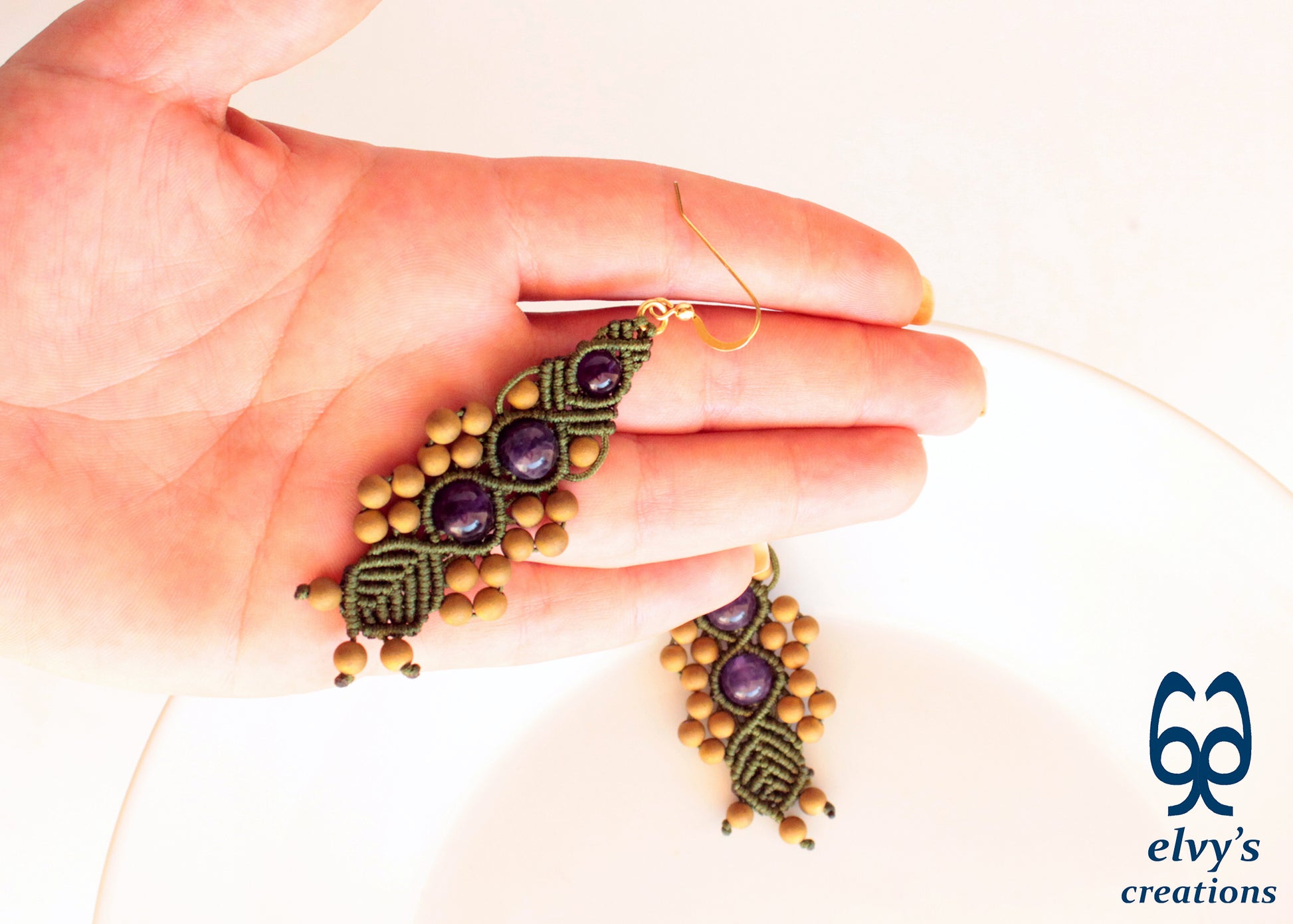 Olive Green Macrame Beaded Earrings Purple Amethyst Gold Hematite Macrame Natural Beaded Boho Earrings for Women