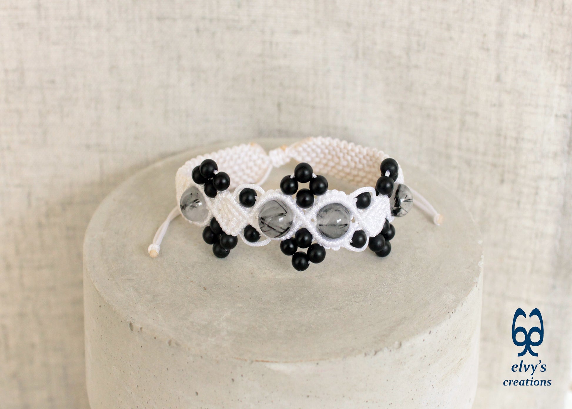 White and Black Macrame Adjustable Cuff Beaded Bracelet with Crystal Quartz and Black Onyx Matte for Women Pebbles Snow Collection - ElvysCreations