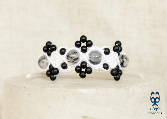 White and Black Macrame Adjustable Cuff Beaded Bracelet with Crystal Quartz and Black Onyx Matte for Women Pebbles Snow Collection - ElvysCreations