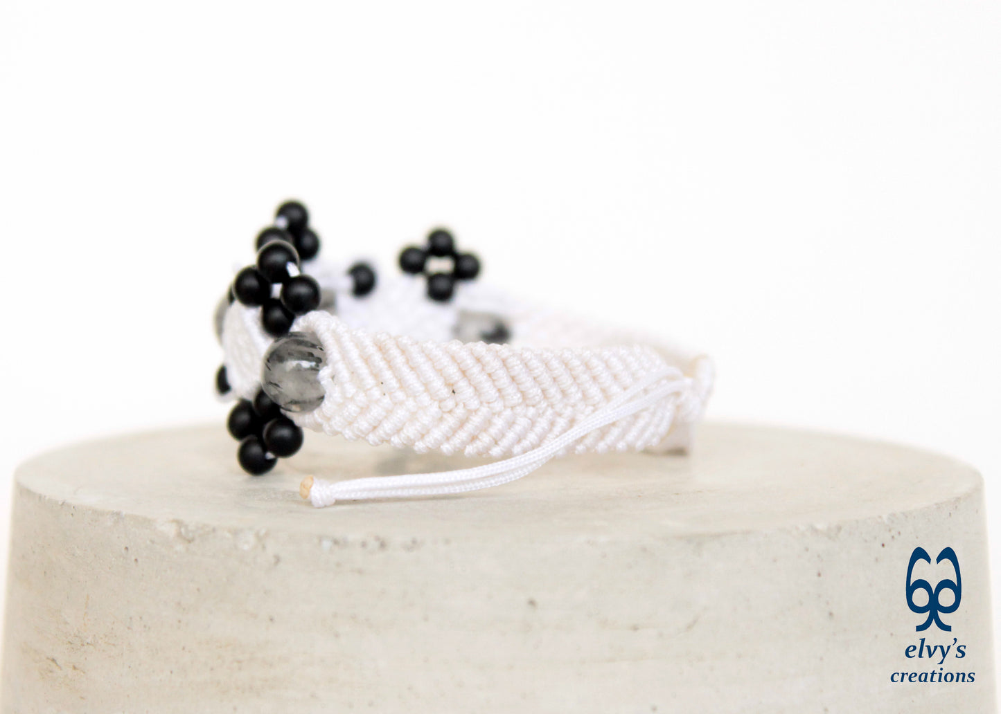 White and Black Macrame Adjustable Cuff Beaded Bracelet with Crystal Quartz and Black Onyx Matte for Women Pebbles Snow Collection - ElvysCreations