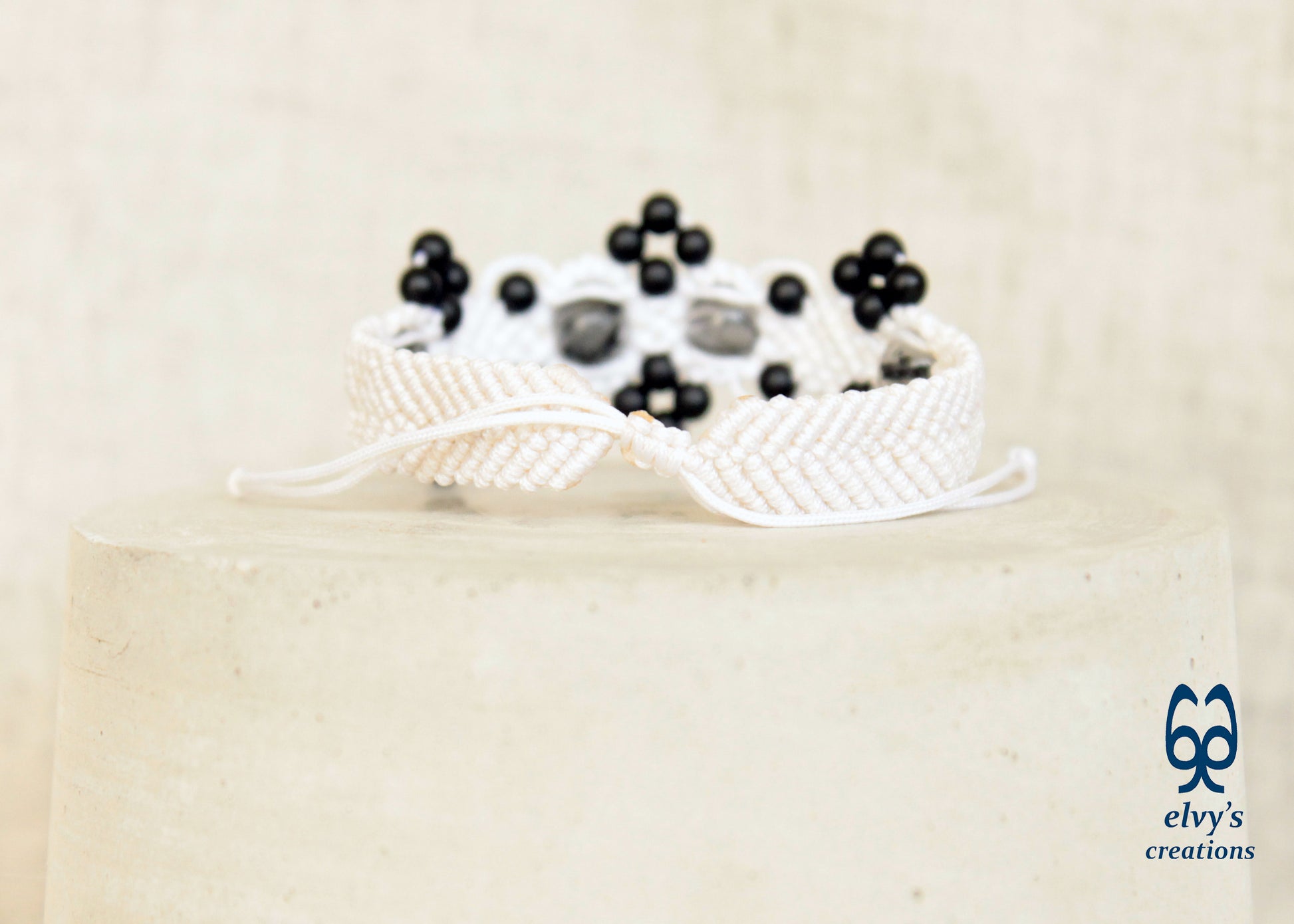 White and Black Macrame Adjustable Cuff Beaded Bracelet with Crystal Quartz and Black Onyx Matte for Women Pebbles Snow Collection - ElvysCreations