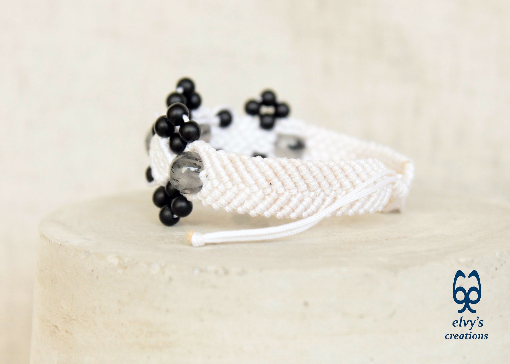 White and Black Macrame Adjustable Cuff Beaded Bracelet with Crystal Quartz and Black Onyx Matte for Women Pebbles Snow Collection - ElvysCreations