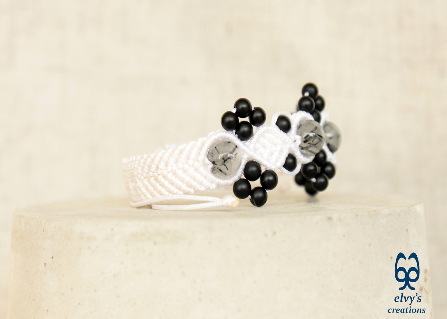 White and Black Macrame Adjustable Cuff Beaded Bracelet with Crystal Quartz and Black Onyx Matte for Women Pebbles Snow Collection - ElvysCreations