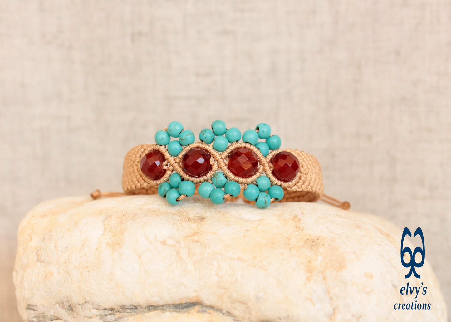 Unisex Macrame Turquoise Bracelet Beige With Carnelian Natural Gems Healer Stones Beige Blue Orange Adjustable Cuff bracelet