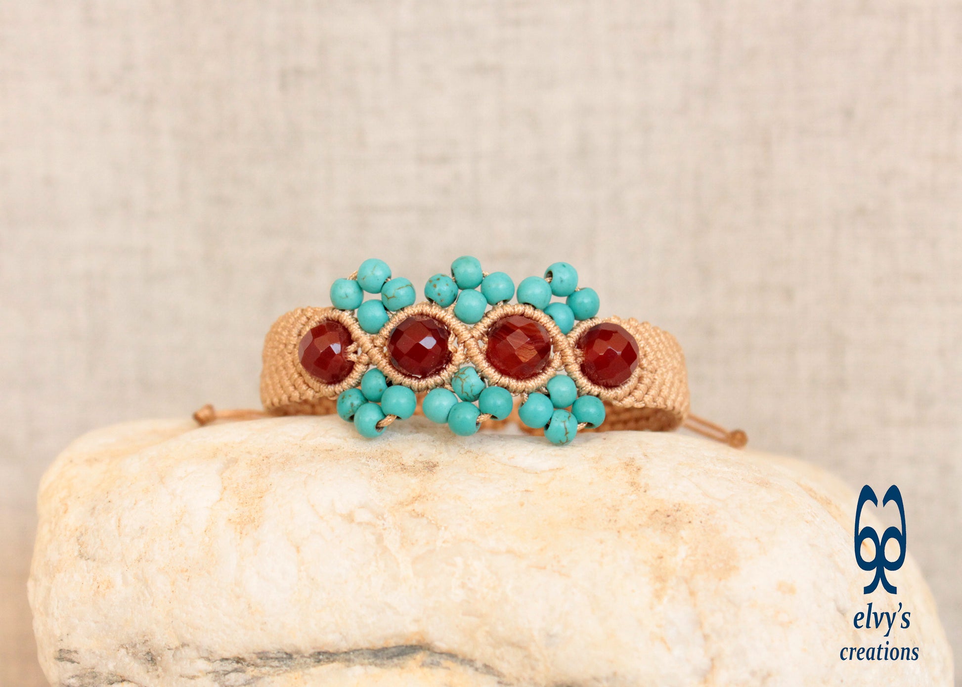 Unisex Macrame Turquoise Bracelet Beige With Carnelian Natural Gems Healer Stones Beige Blue Orange Adjustable Cuff bracelet