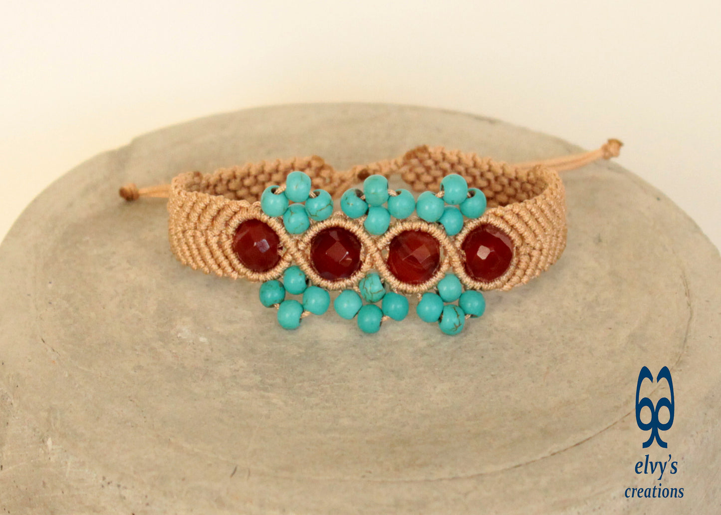 Unisex Macrame Turquoise Bracelet Beige With Carnelian Natural Gems Healer Stones Beige Blue Orange Adjustable Cuff bracelet
