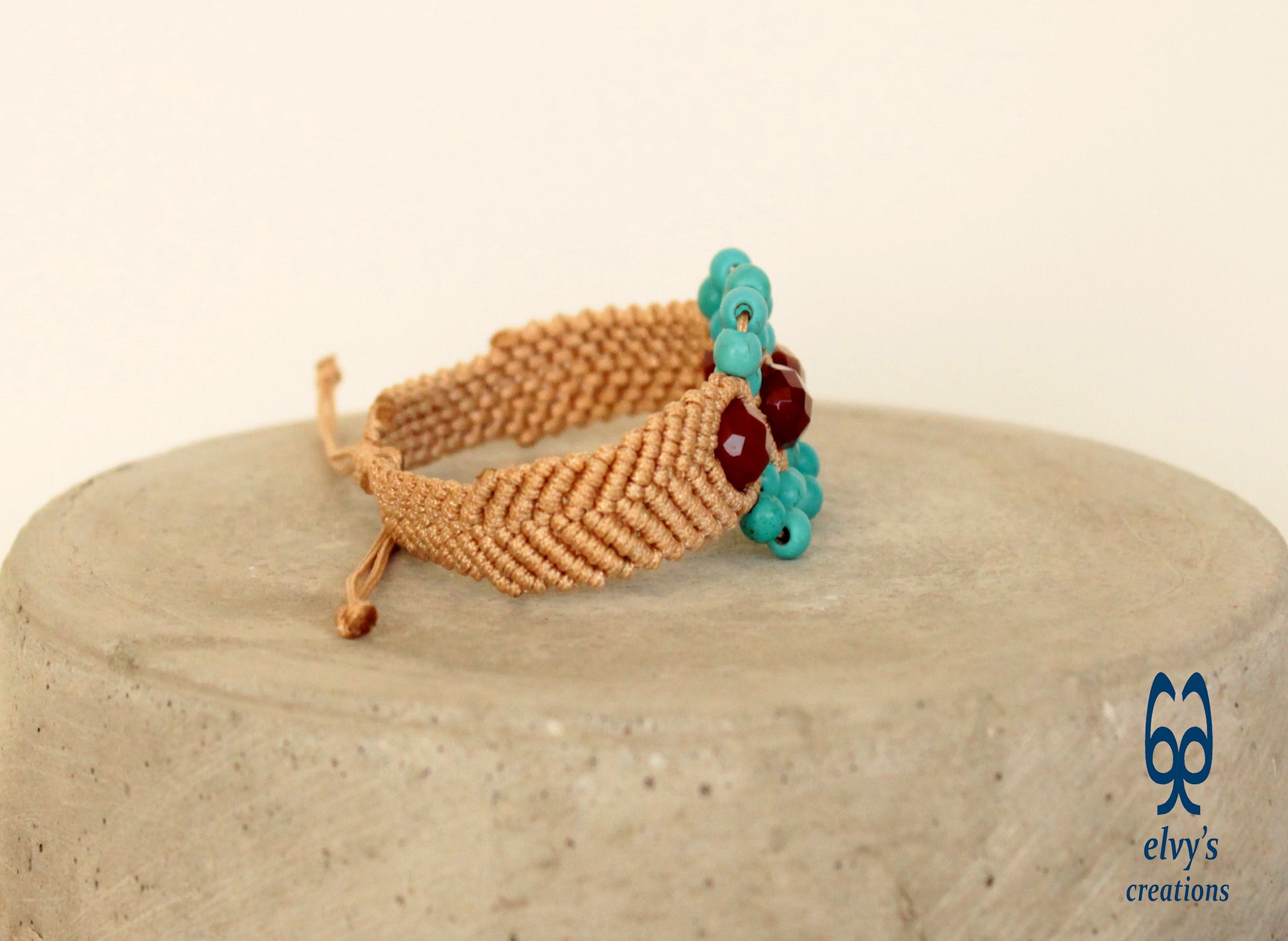 Unisex Macrame Turquoise Bracelet Beige With Carnelian Natural Gems Healer Stones Beige Blue Orange Adjustable Cuff bracelet