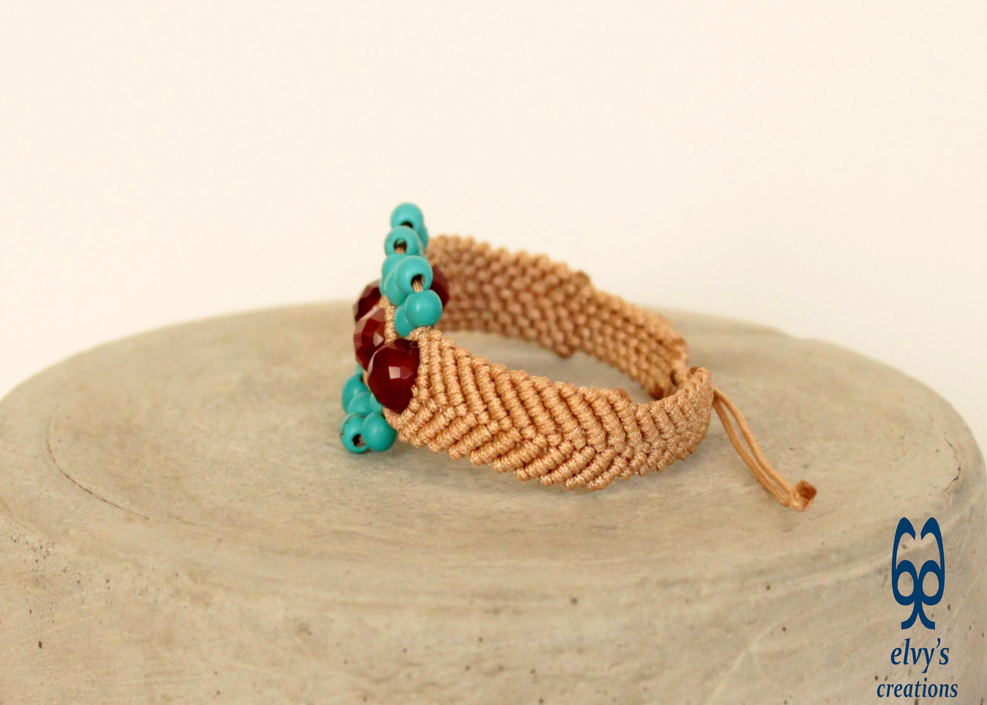 Unisex Macrame Turquoise Bracelet Beige With Carnelian Natural Gems Healer Stones Beige Blue Orange Adjustable Cuff bracelet