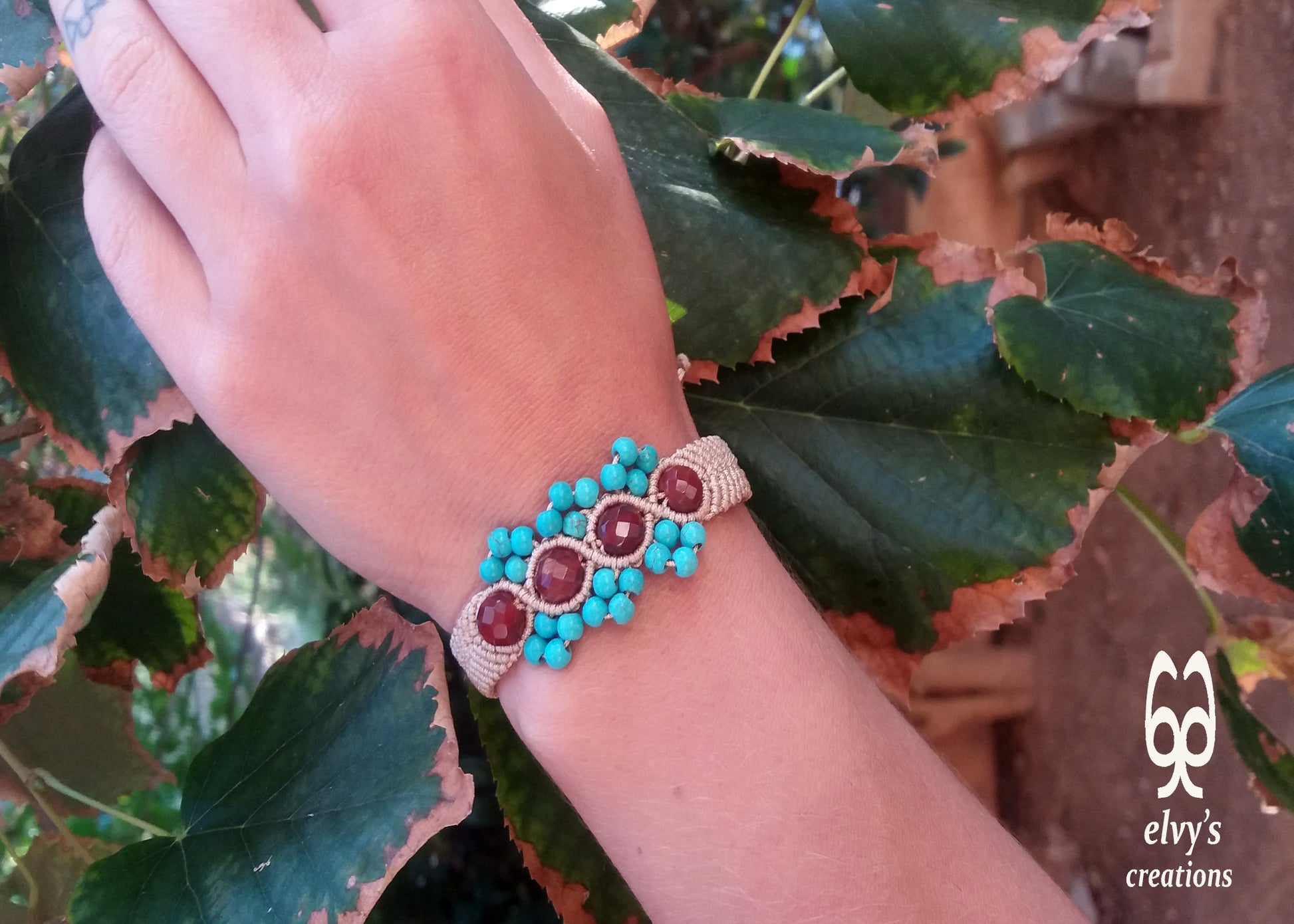 Unisex Macrame Turquoise Bracelet Beige With Carnelian Natural Gems Healer Stones Beige Blue Orange Adjustable Cuff bracelet