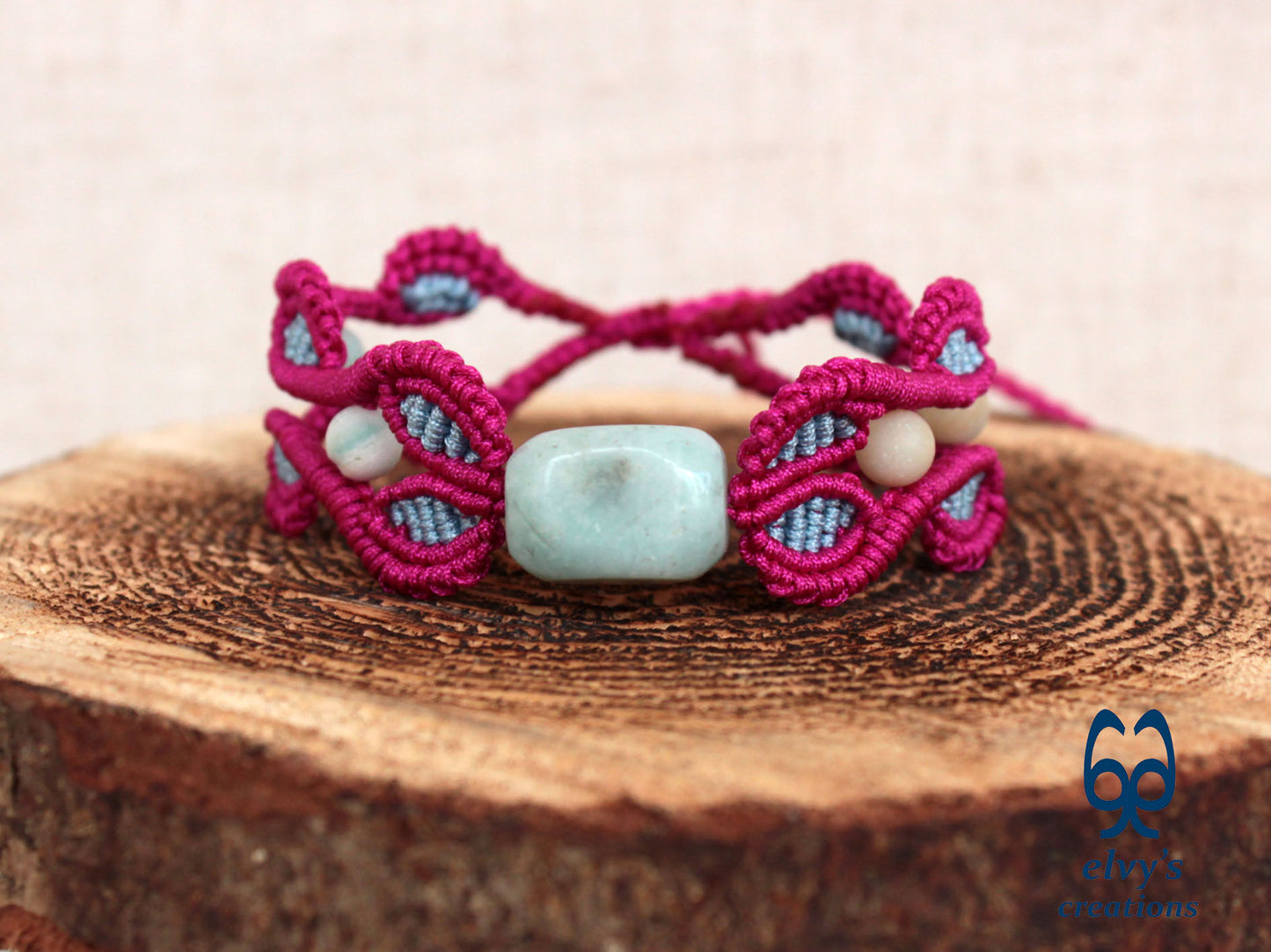 Blue Macrame Bracelet with Amazonite Gemstone Adjustable Unique Birthday Gift for Women