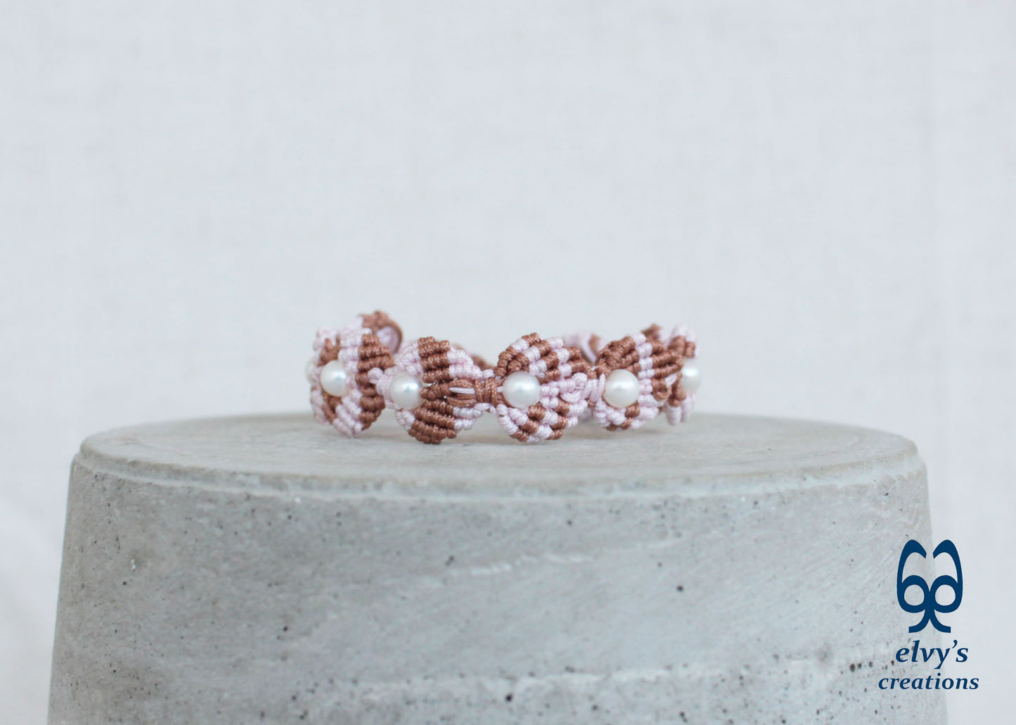 Handmade Pink Macramé Adjustable Bracelet Flower Bracelet with Pearls