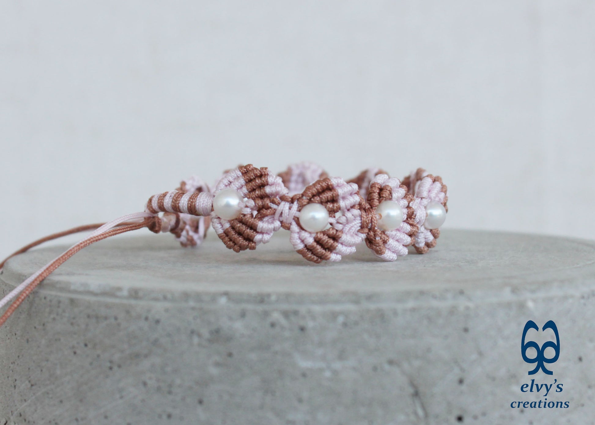 Handmade Pink Macramé Adjustable Bracelet Flower Bracelet with Pearls