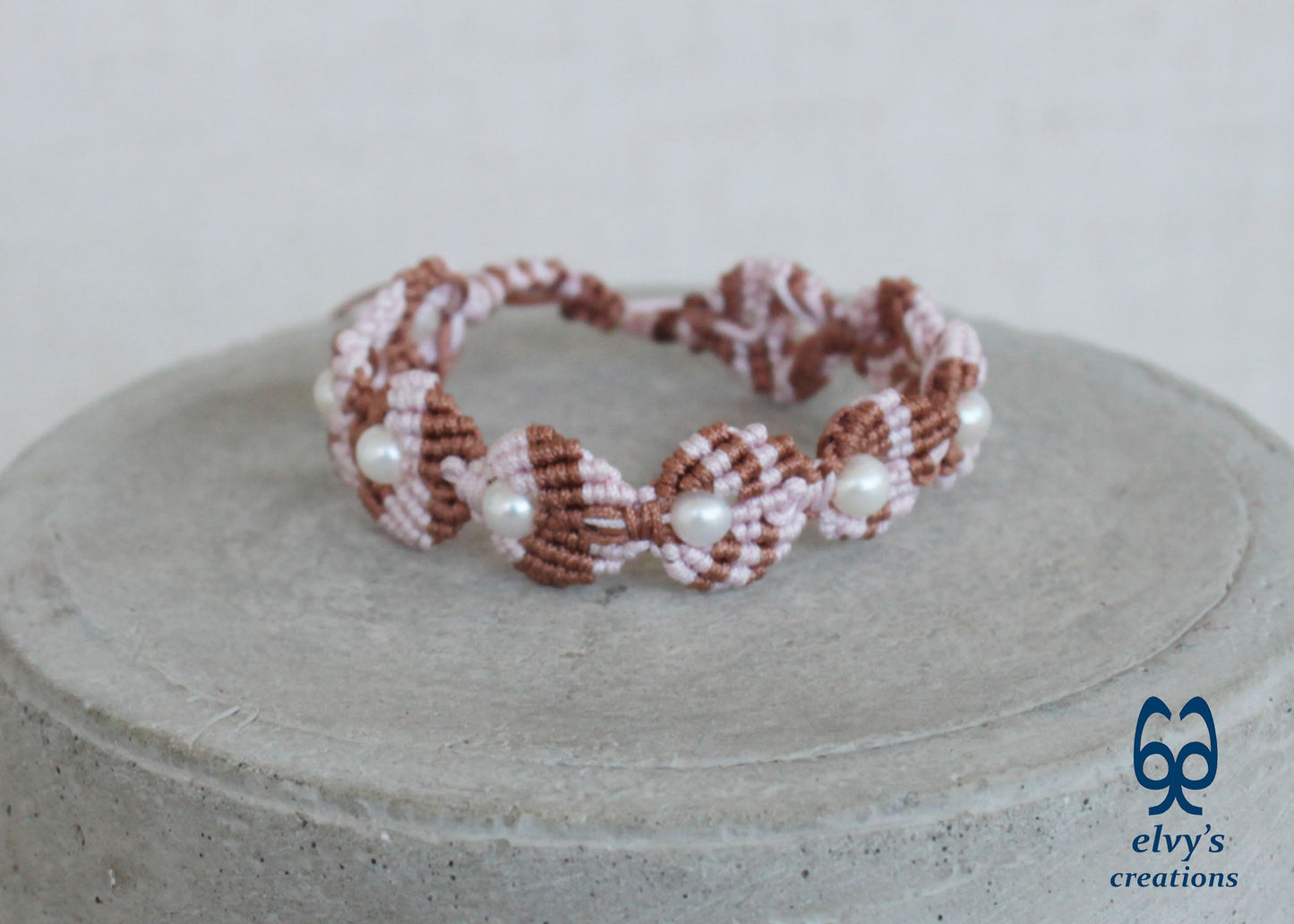 Handmade Pink Macramé Adjustable Bracelet Flower Bracelet with Pearls