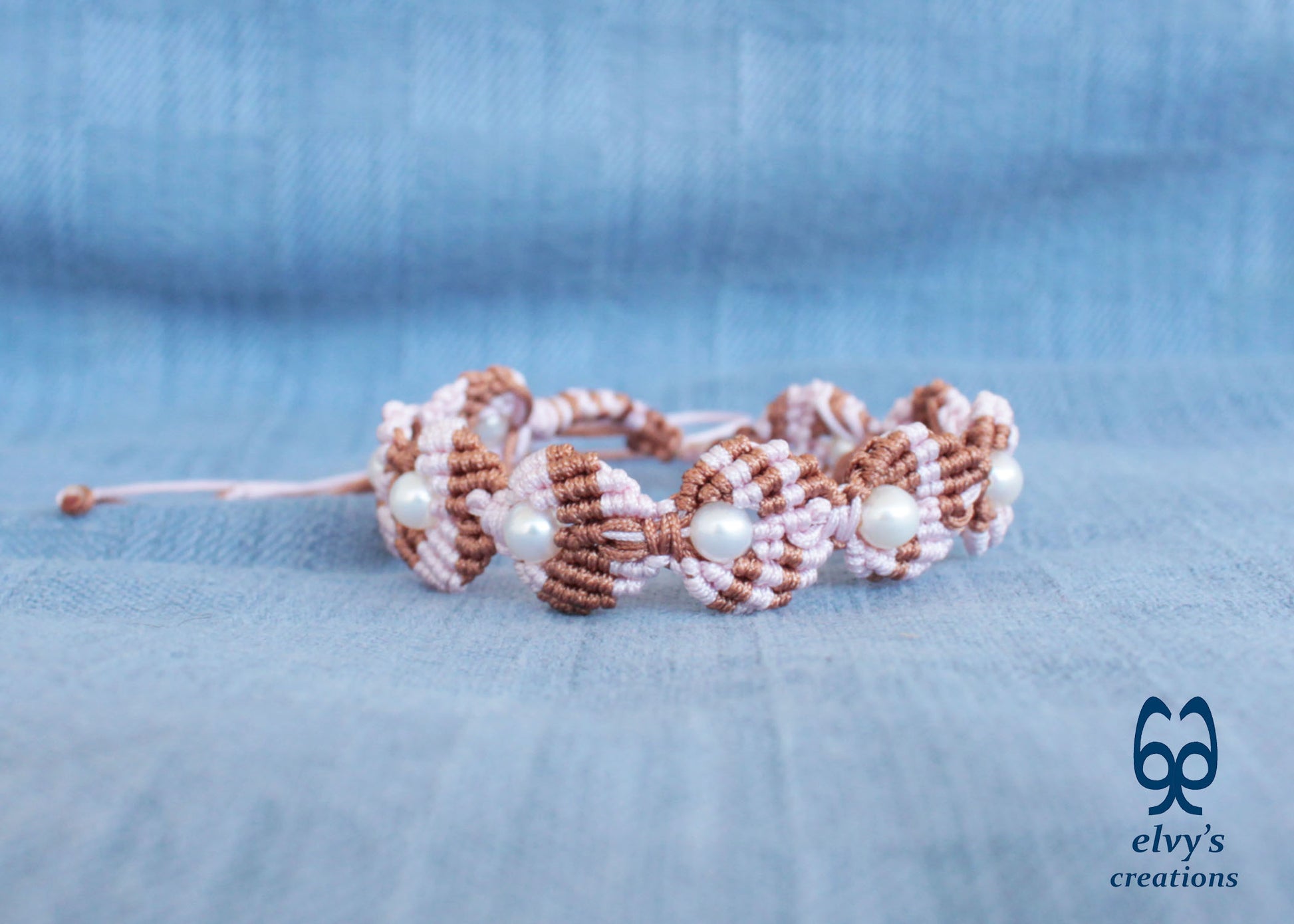 Handmade Pink Macramé Adjustable Bracelet Flower Bracelet with Pearls