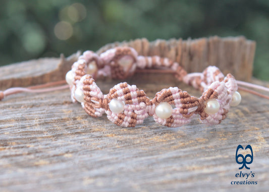 Handmade Pink Macramé Adjustable Bracelet Flower Bracelet with Pearls