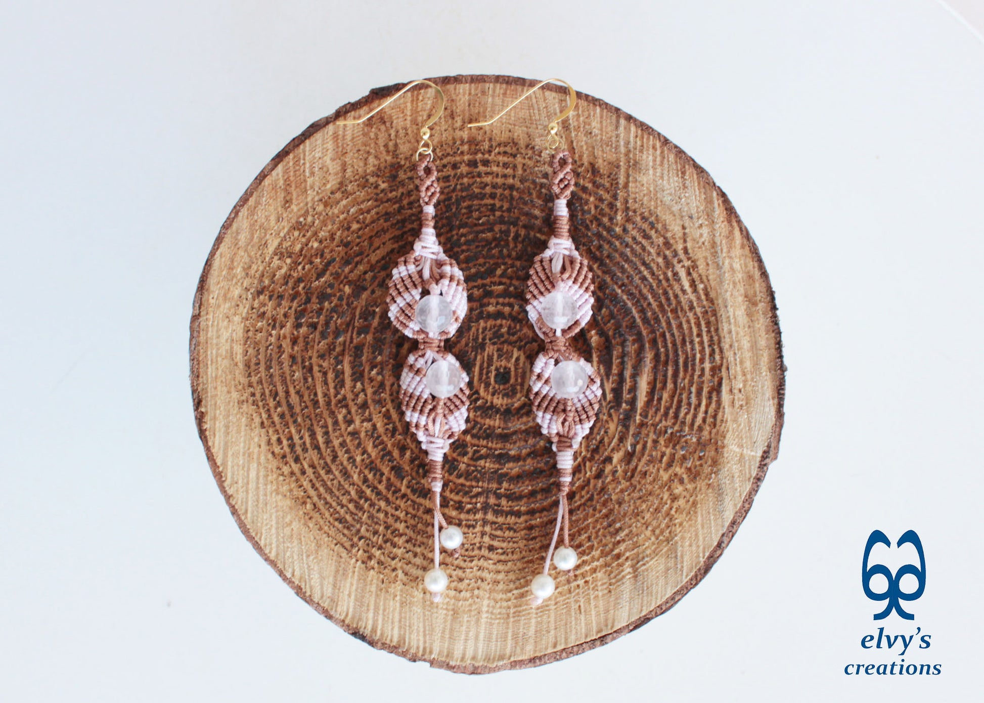 Handmade Pink Macramé Earrings Flower Earrings with Rose Quartz and Pearls