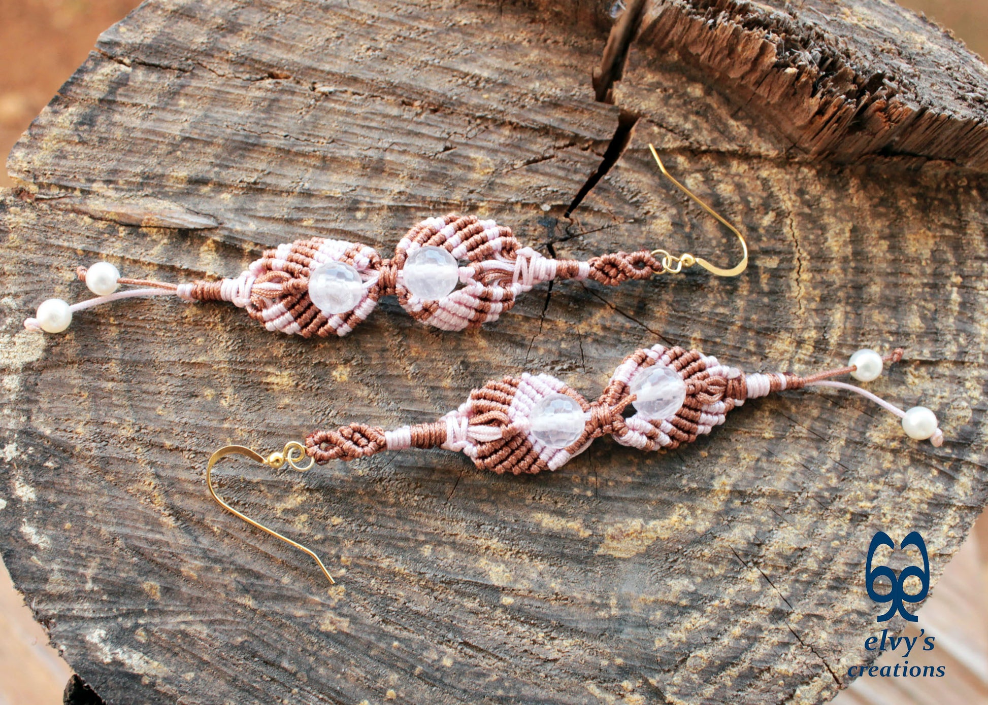 Handmade Pink Macramé Earrings Flower Earrings with Rose Quartz and Pearls