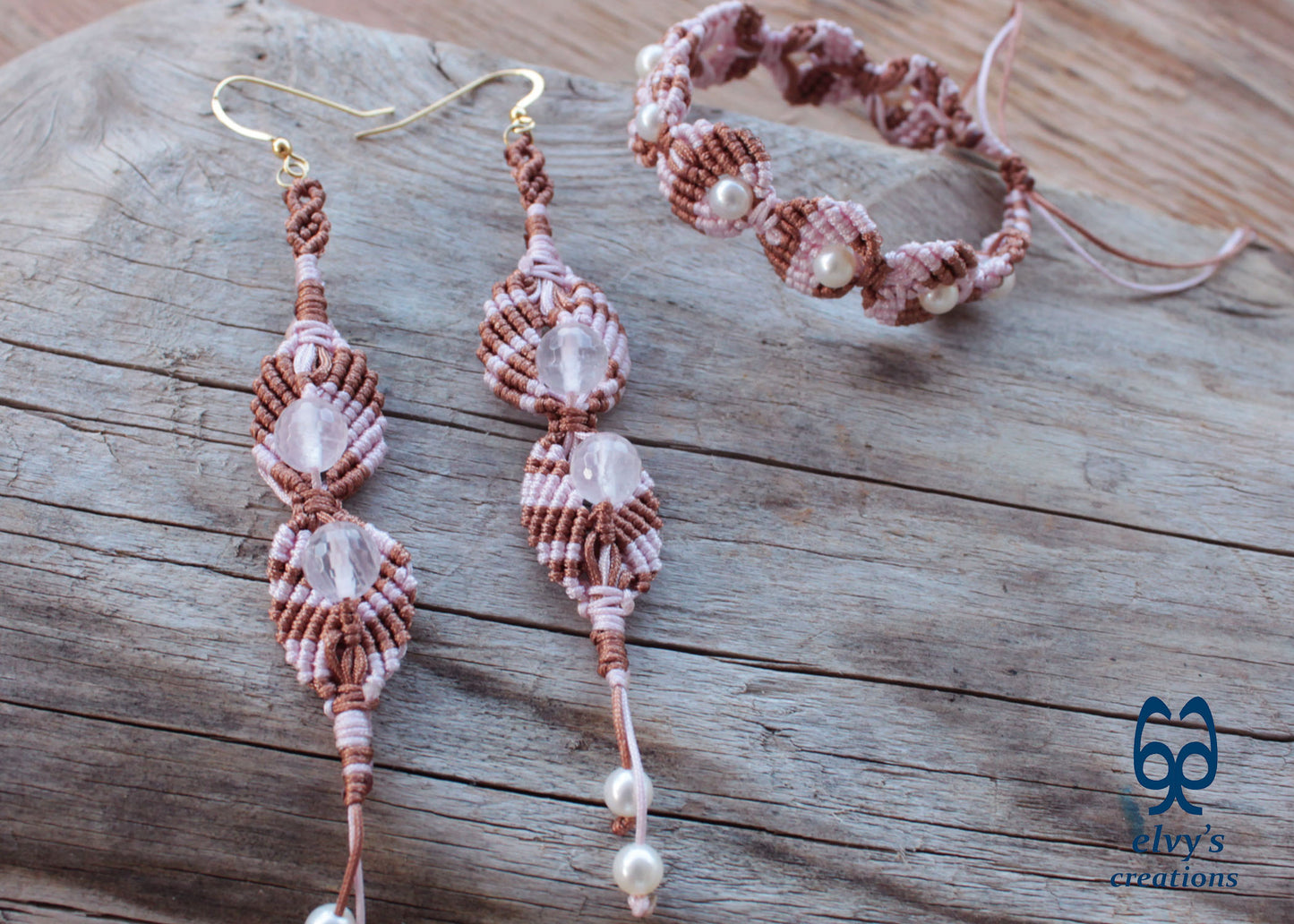 Handmade Pink Macramé Earrings Flower Earrings with Rose Quartz and Pearls