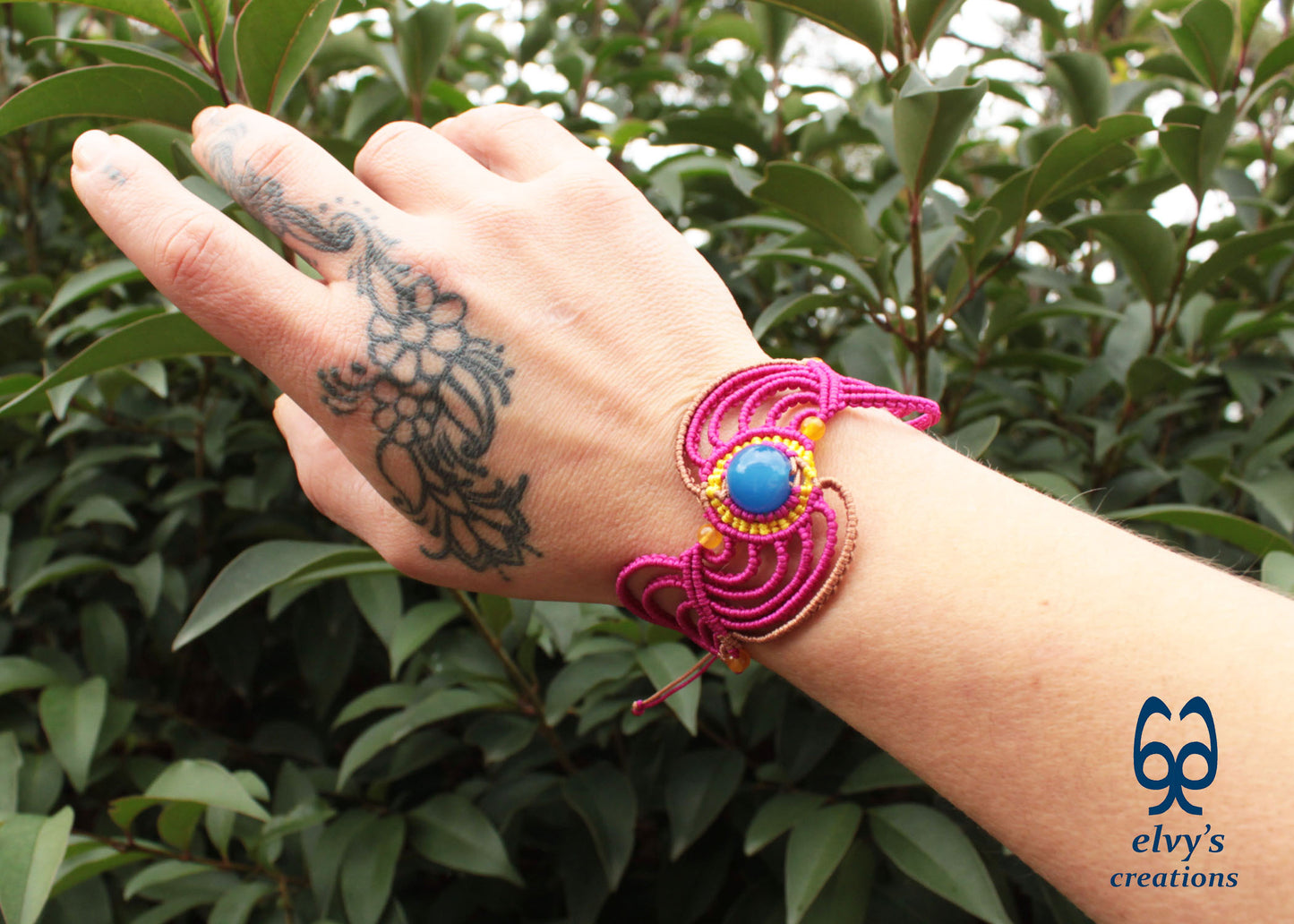 Handmade Pink Macrame Bracelet with Yellow Agate Gemstones Adjustable Lace Bracelet