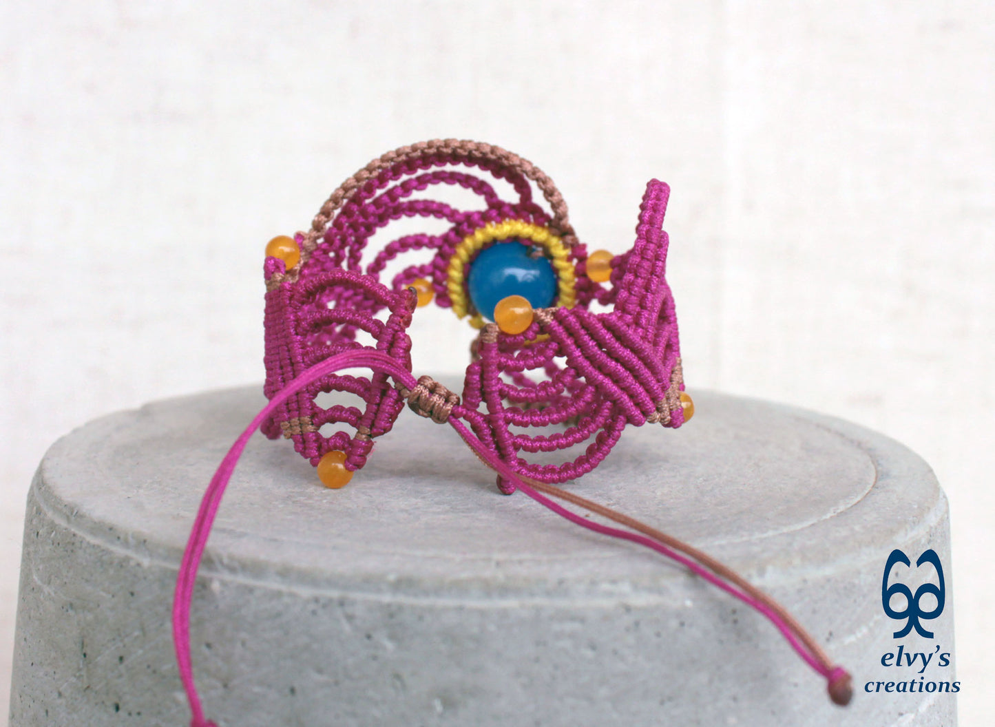 Handmade Pink Macrame Bracelet with Yellow Agate Gemstones Adjustable Lace Bracelet