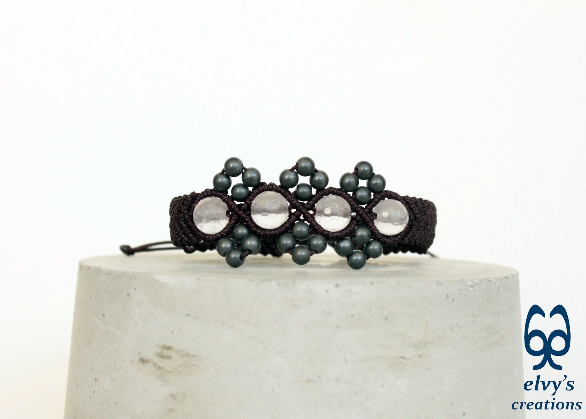 Brown Macrame Adjustable Cuff Bracelet with Pink Quartz and Dark Gray 