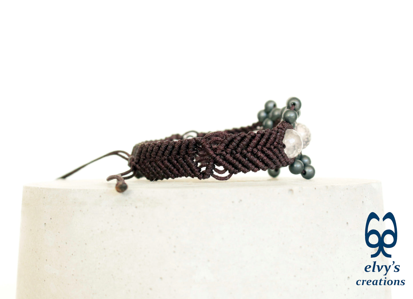 Brown Macrame Adjustable Cuff Bracelet with Pink Quartz and Dark Gray 