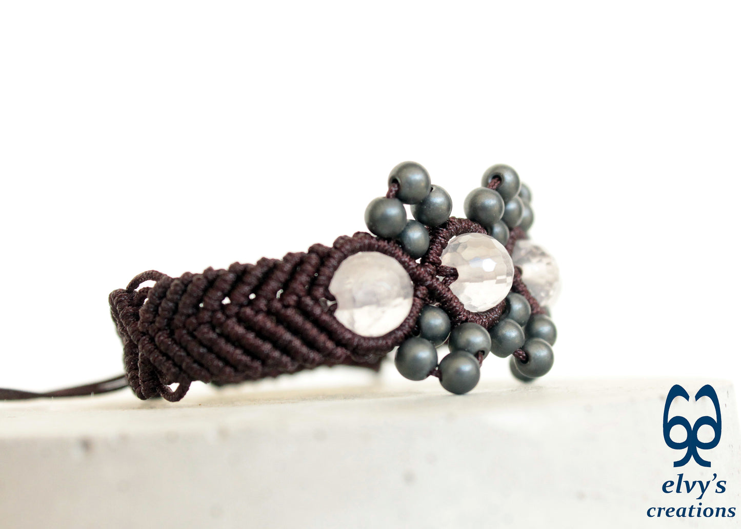 Brown Macrame Adjustable Cuff Bracelet with Pink Quartz and Dark Gray 