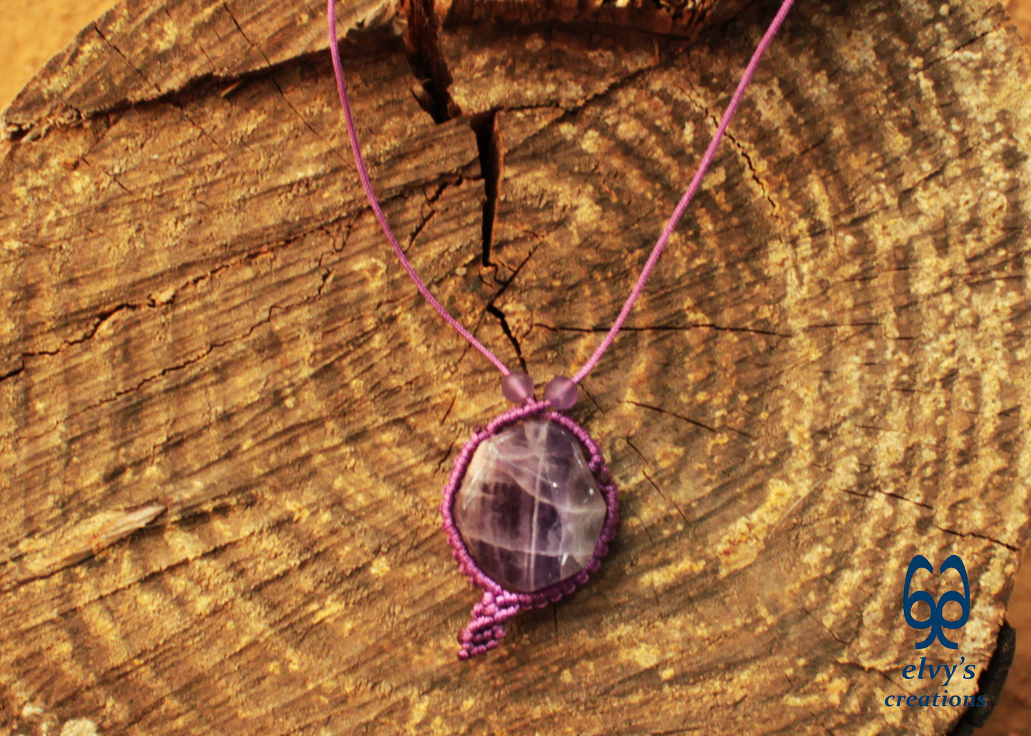 Handmade Unisex Purple Macrame Adjustable Necklace with Amethyst Gemstones