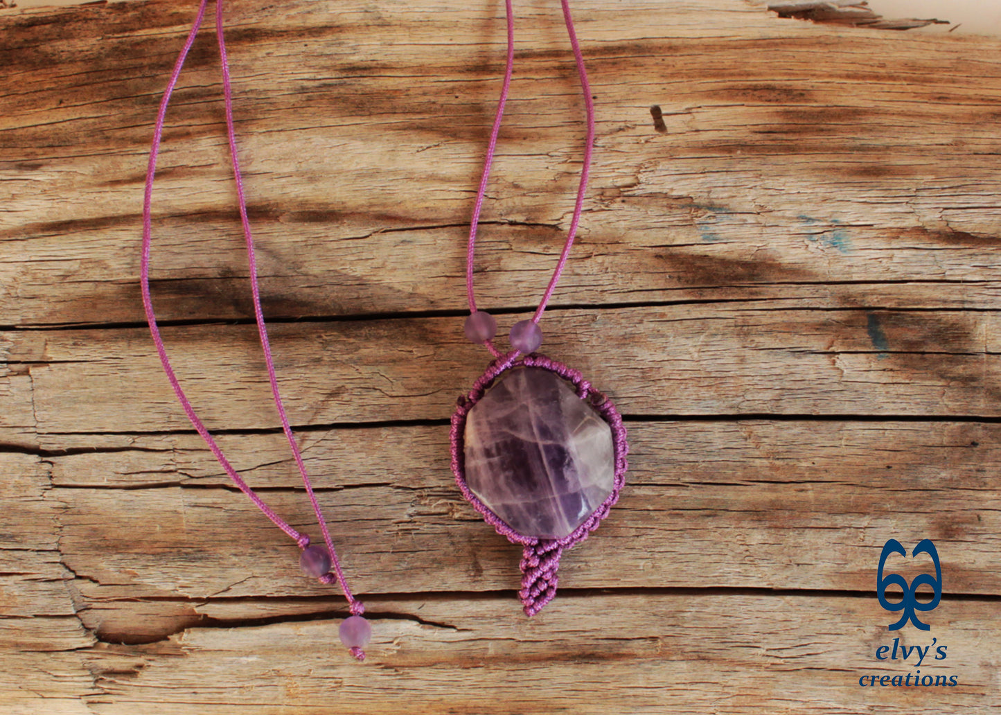 Handmade Unisex Purple Macrame Adjustable Necklace with Amethyst Gemstones