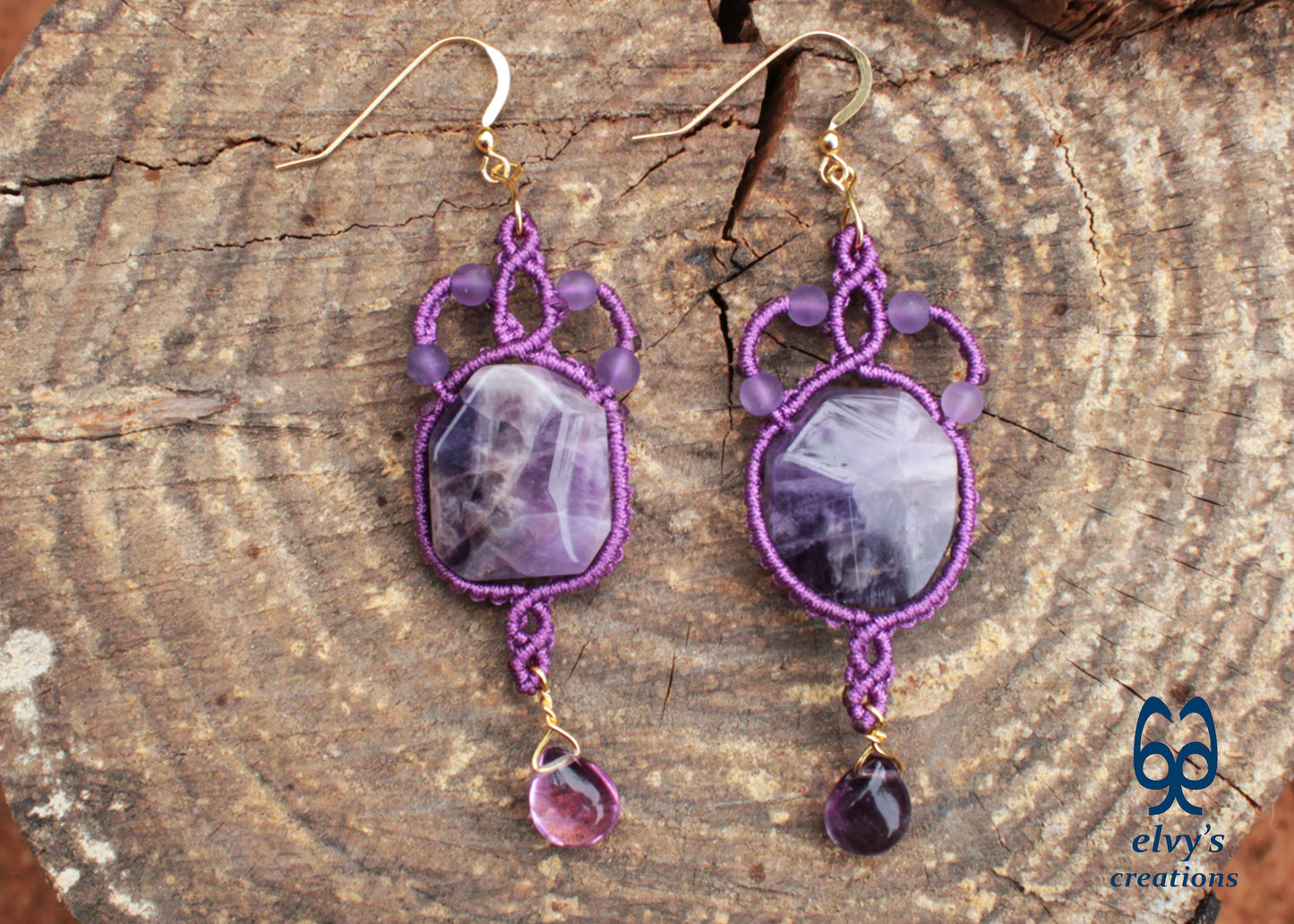 Handmade Purple Macrame Earrings Long Dangle with Amethyst Gemstones