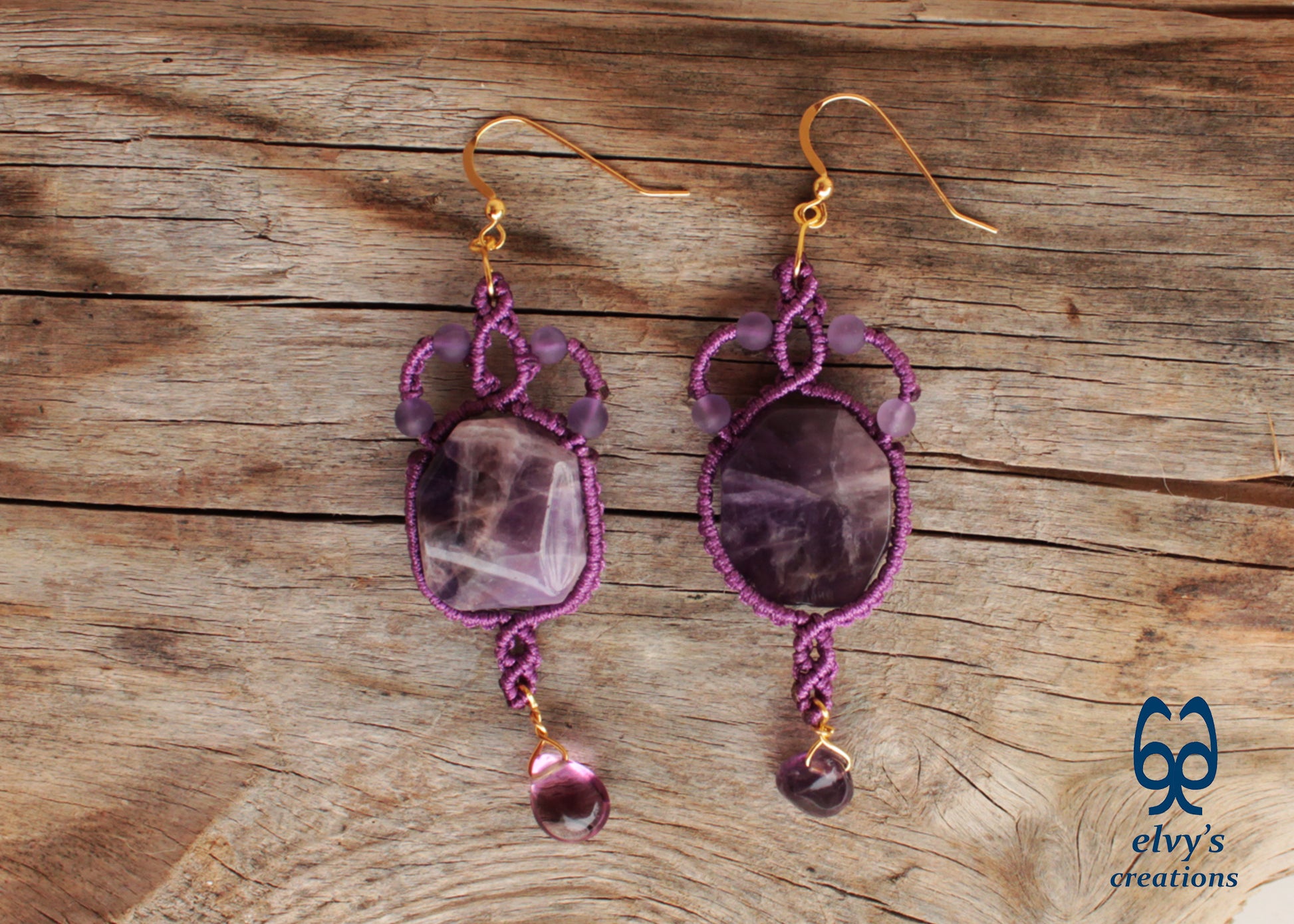 Handmade Purple Macrame Earrings Long Dangle with Amethyst Gemstones