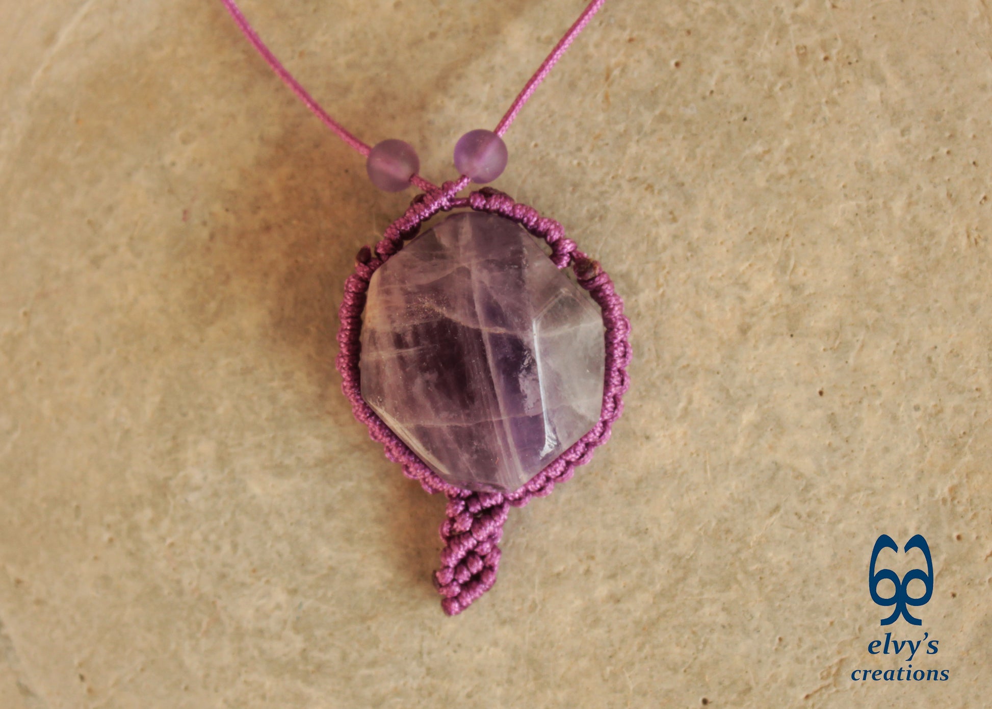 Handmade Unisex Purple Macrame Adjustable Necklace with Amethyst Gemstones