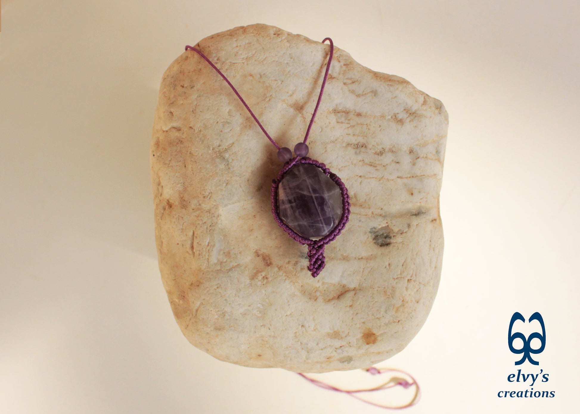 Handmade Unisex Purple Macrame Adjustable Necklace with Amethyst Gemstones