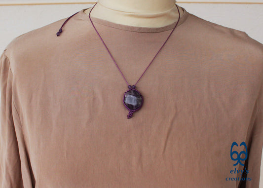 Handmade Unisex Purple Macrame Adjustable Necklace with Amethyst Gemstones