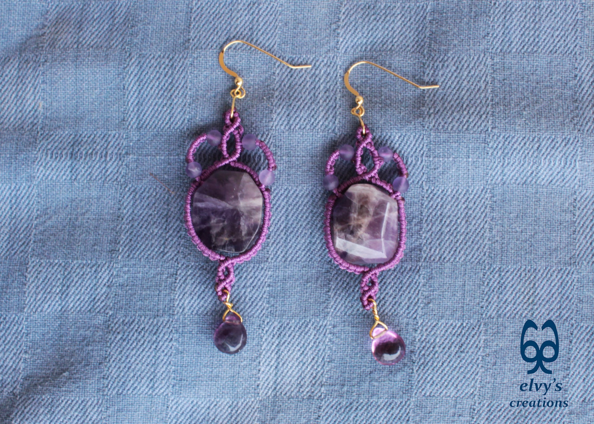 Handmade Purple Macrame Earrings Long Dangle with Amethyst Gemstones