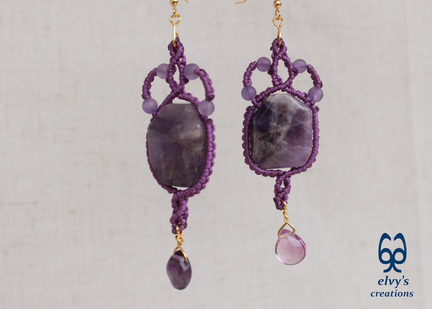 Handmade Purple Macrame Earrings Long Dangle with Amethyst Gemstones