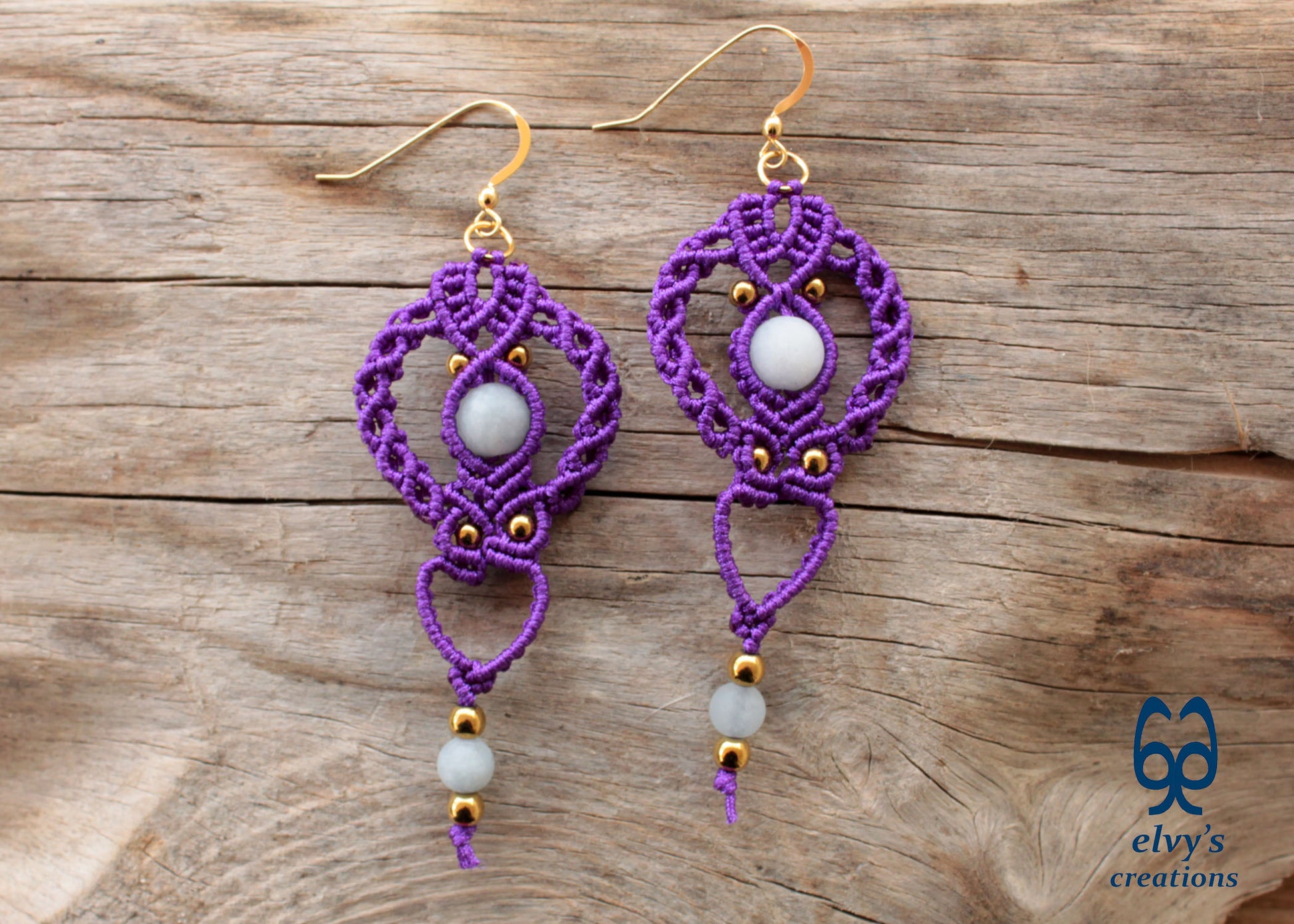 Purple Gold Macrame Earrings, Hematite Dangle Gemstone Beads Earrings, Birthday Gift for Women