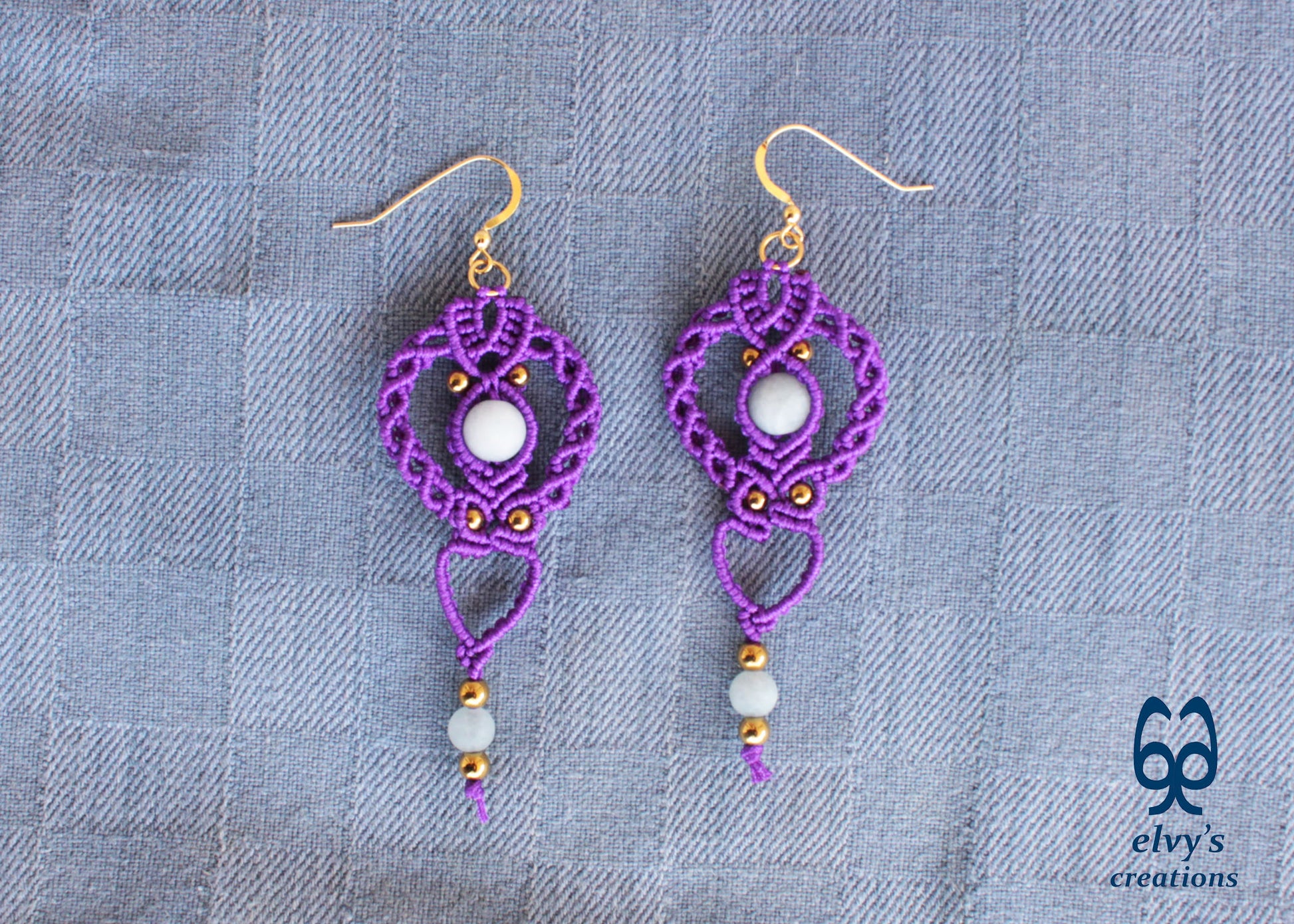 Purple Gold Macrame Earrings, Hematite Dangle Gemstone Beads Earrings, Birthday Gift for Women