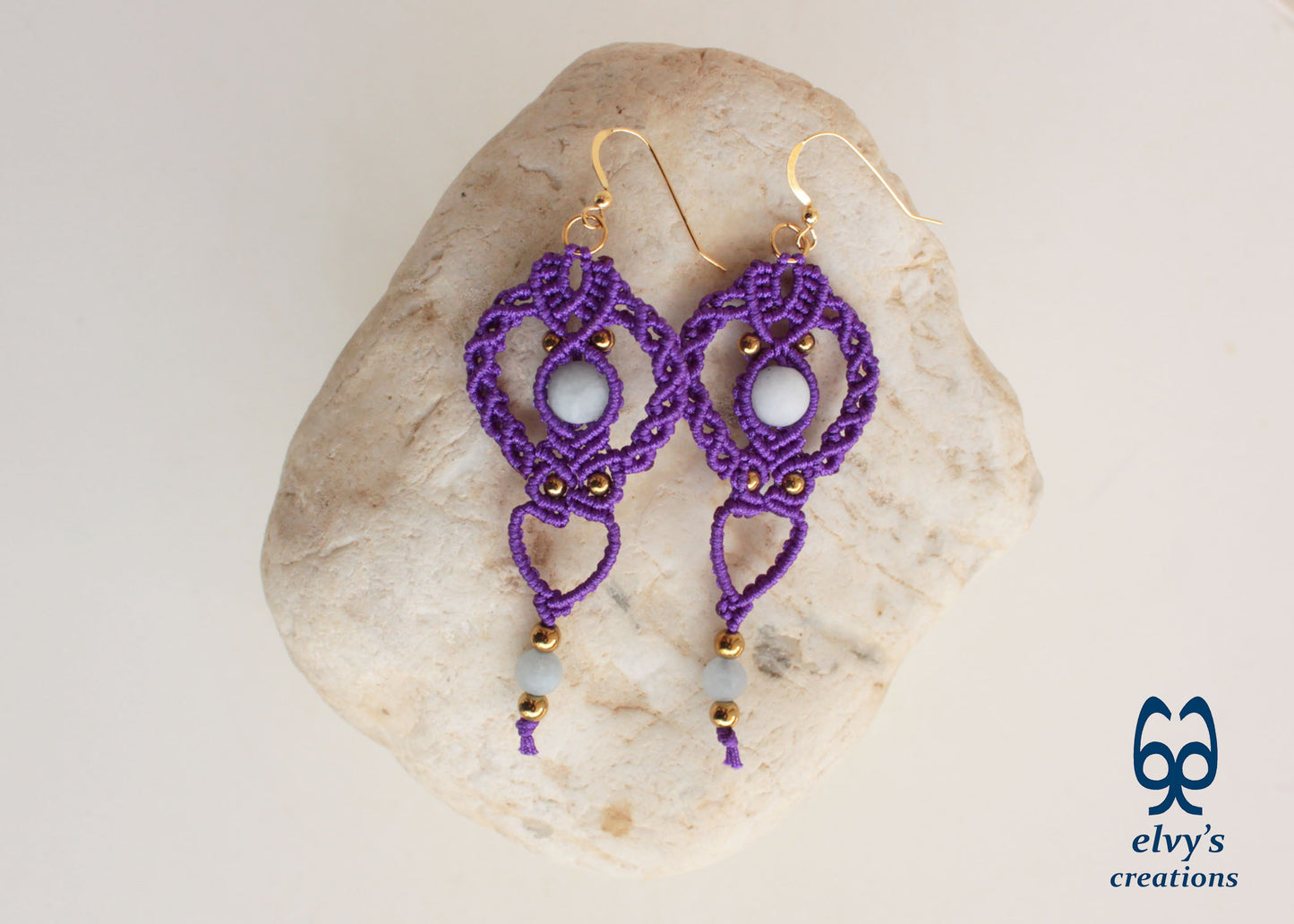 Purple Gold Macrame Earrings, Hematite Dangle Gemstone Beads Earrings, Birthday Gift for Women