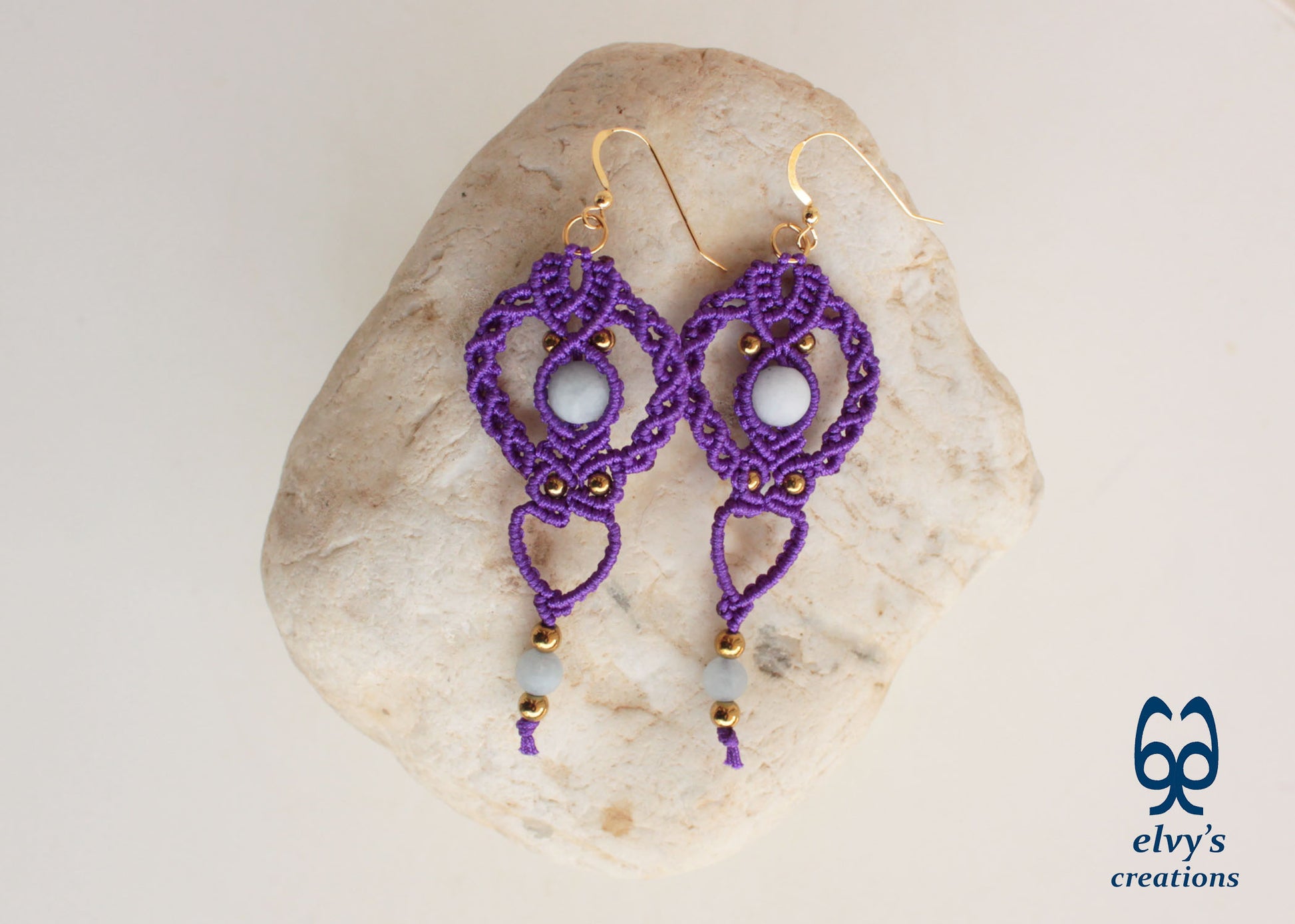 Purple Gold Macrame Earrings, Hematite Dangle Gemstone Beads Earrings, Birthday Gift for Women