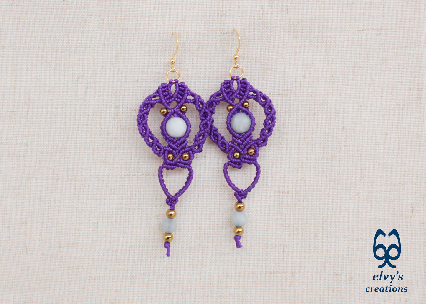 Purple Gold Macrame Earrings, Hematite Dangle Gemstone Beads Earrings, Birthday Gift for Women