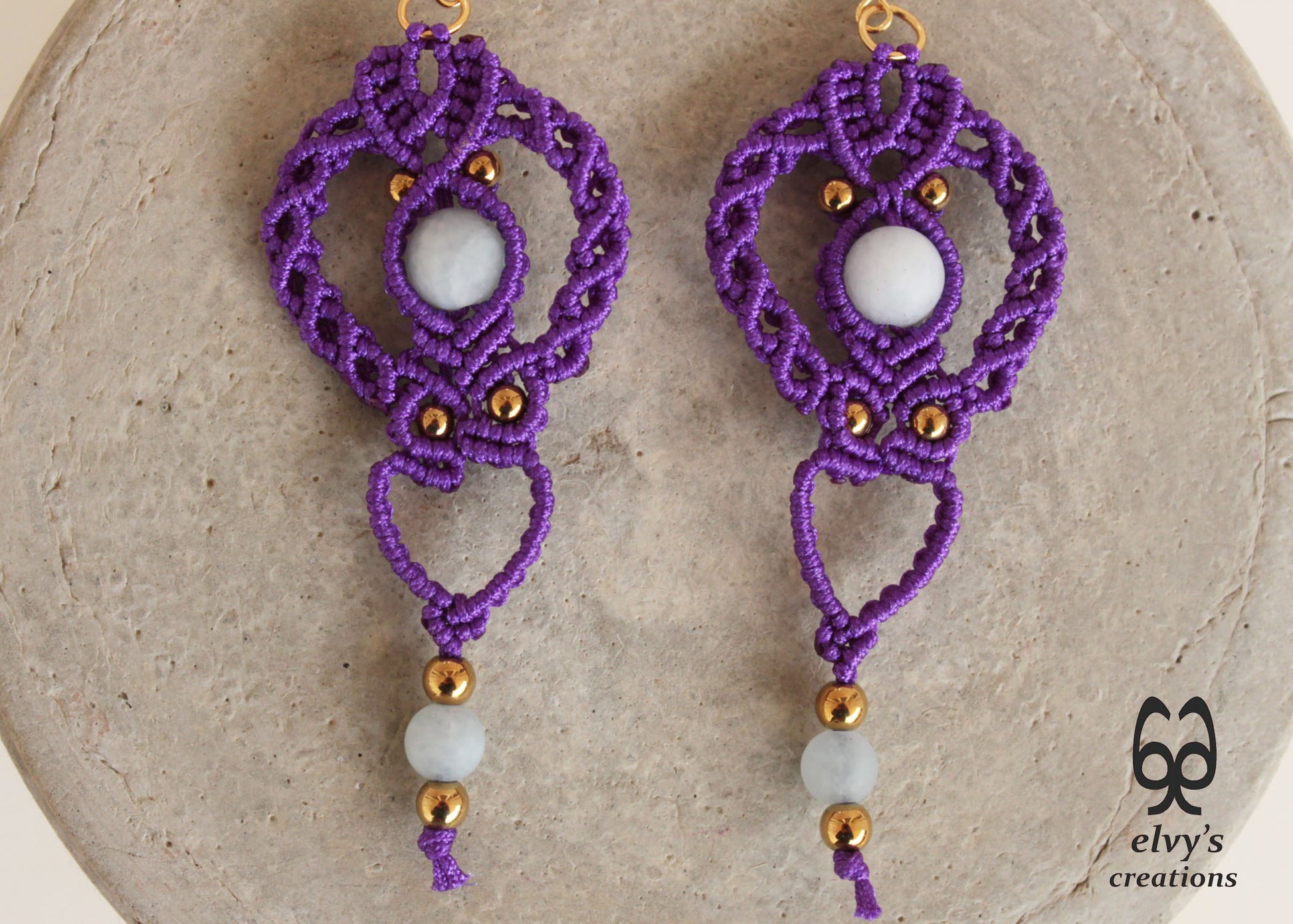 Purple Gold Macrame Earrings, Hematite Dangle Gemstone Beads Earrings, Birthday Gift for Women