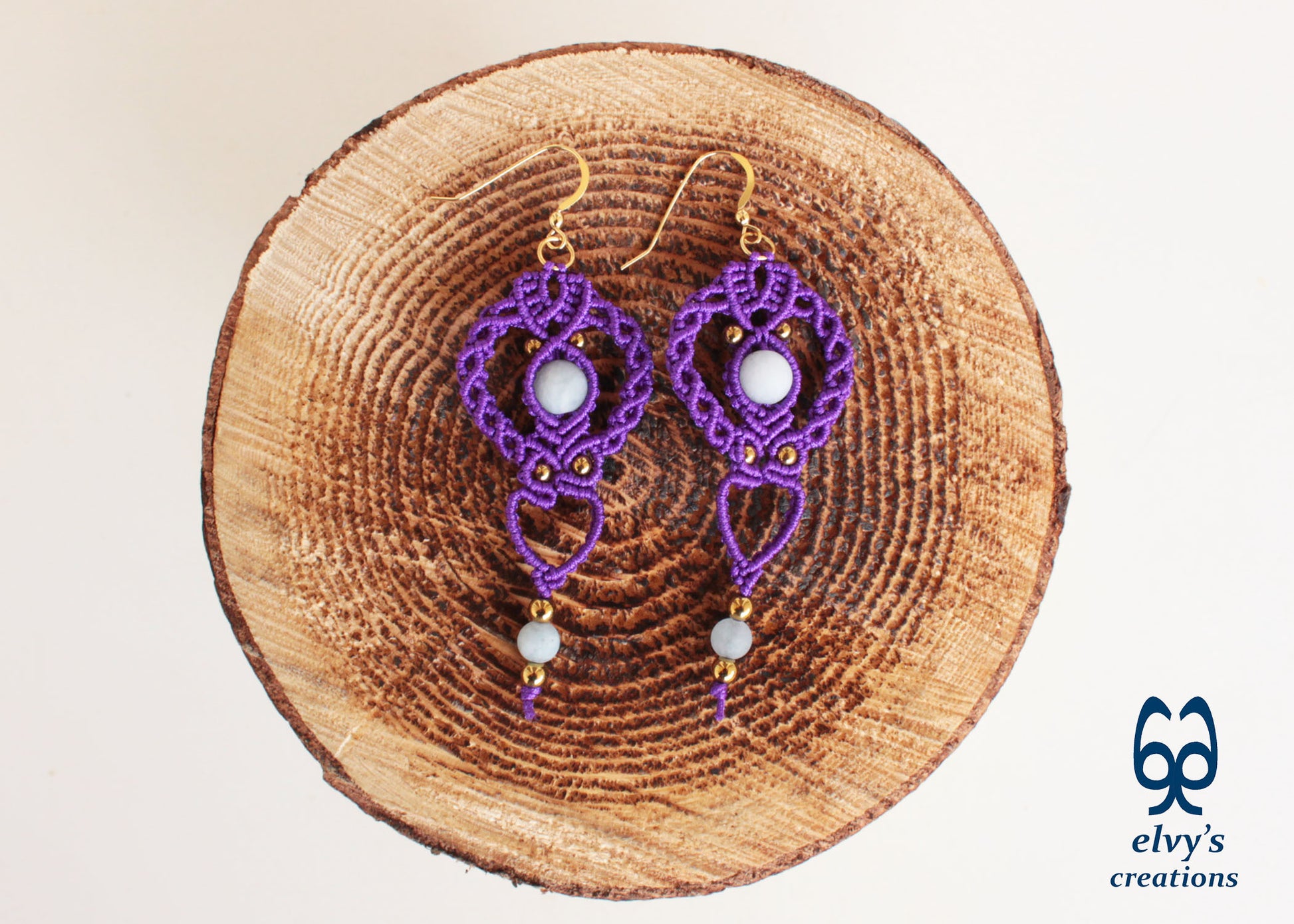 Purple Gold Macrame Earrings, Hematite Dangle Gemstone Beads Earrings, Birthday Gift for Women