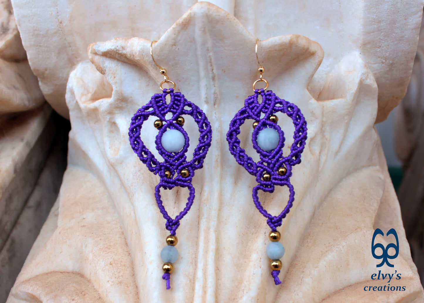 Purple Gold Macrame Earrings, Hematite Dangle Gemstone Beads Earrings, Birthday Gift for Women