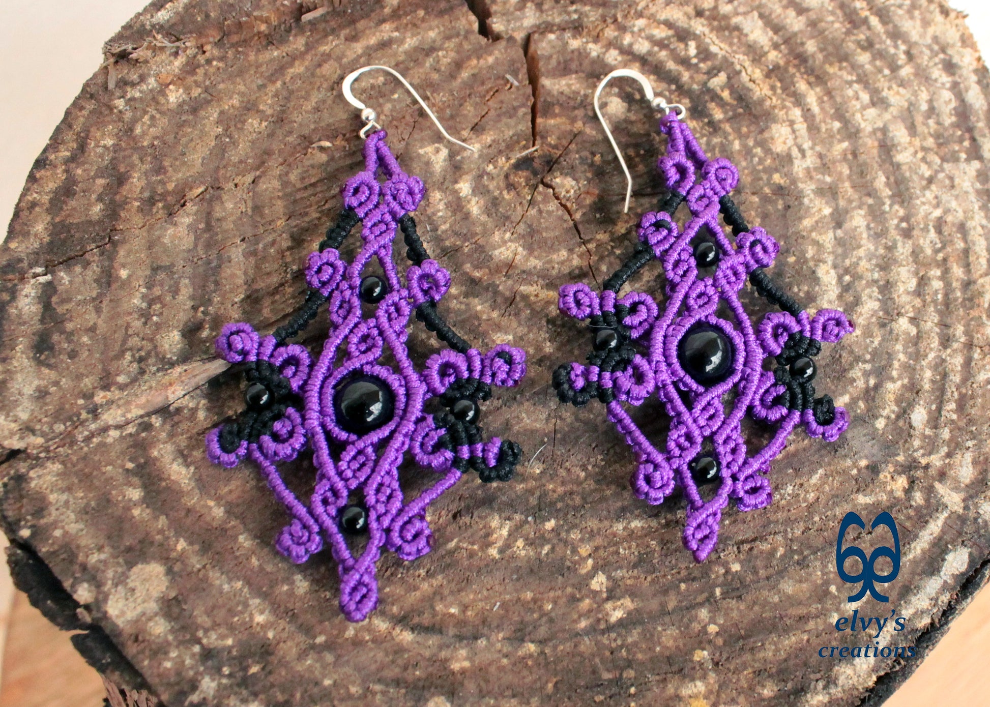 Purple Macrame Earrings Onyx Gemstone Dangle Earrings Black Micro Macrame Earrings Gift for Women