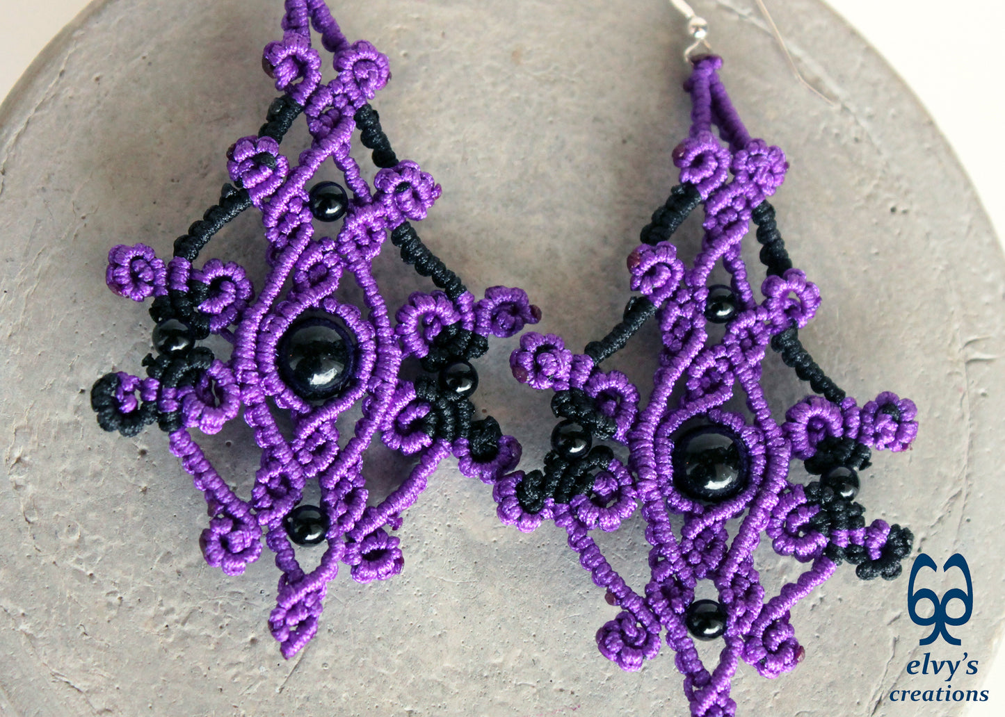 Purple Macrame Earrings Onyx Gemstone Dangle Earrings Black Micro Macrame Earrings Gift for Women