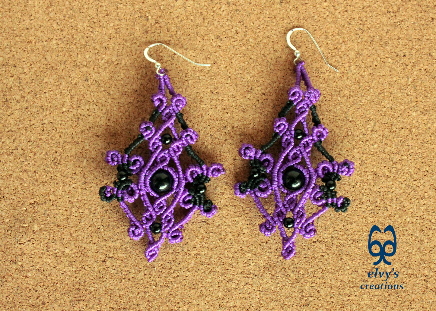 Purple Macrame Earrings Onyx Gemstone Dangle Earrings Black Micro Macrame Earrings Gift for Women