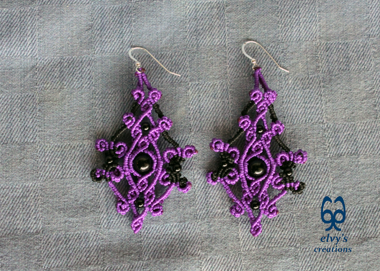 Purple Macrame Earrings Onyx Gemstone Dangle Earrings Black Micro Macrame Earrings Gift for Women